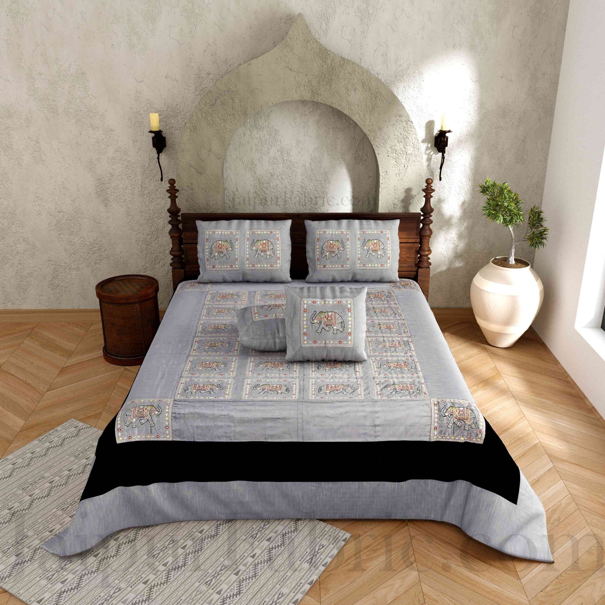 Gray Elephant Zari Embroidered and Mirror Work Silk Double Bed Sheet