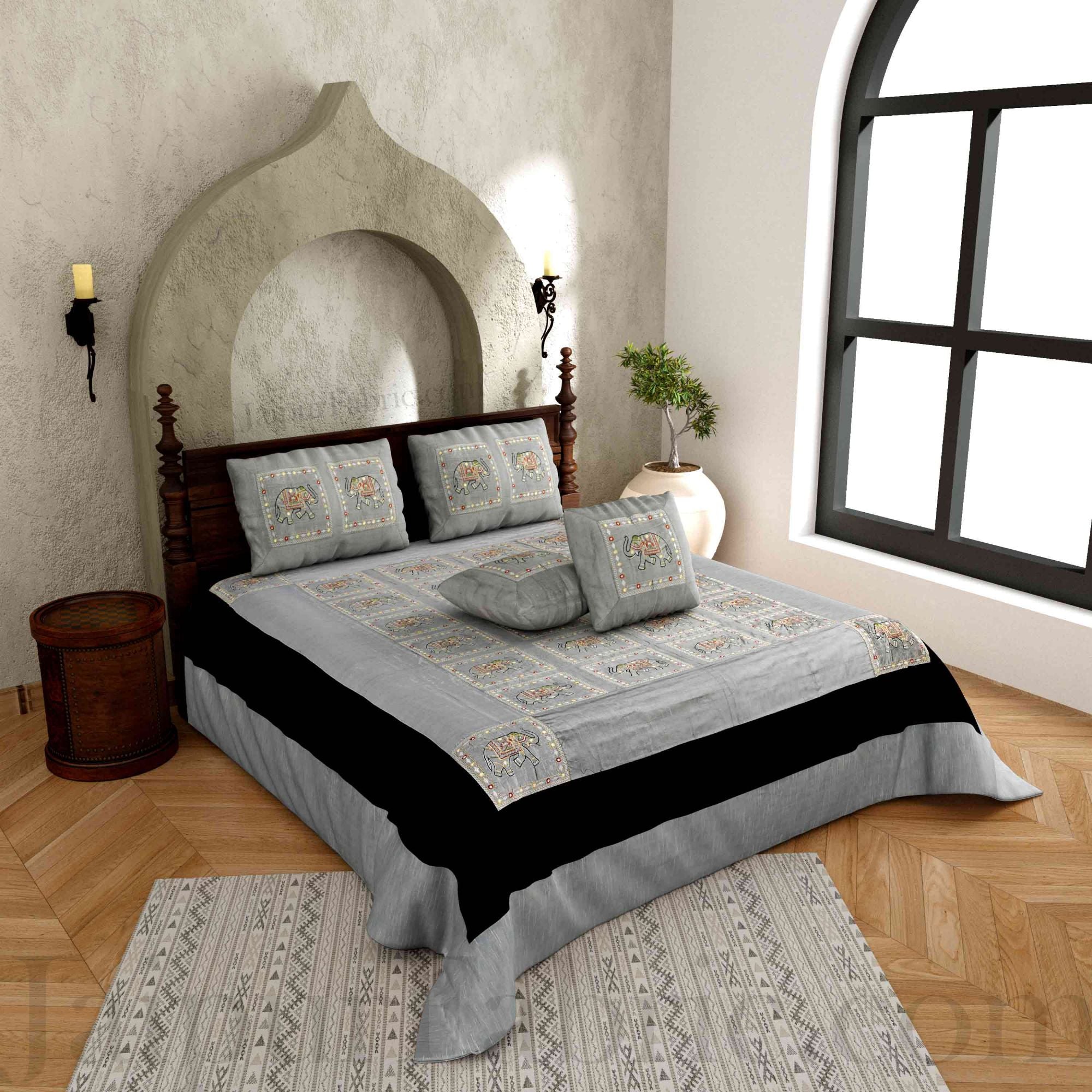 Gray Elephant Zari Embroidered and Mirror Work Silk Double Bed Sheet
