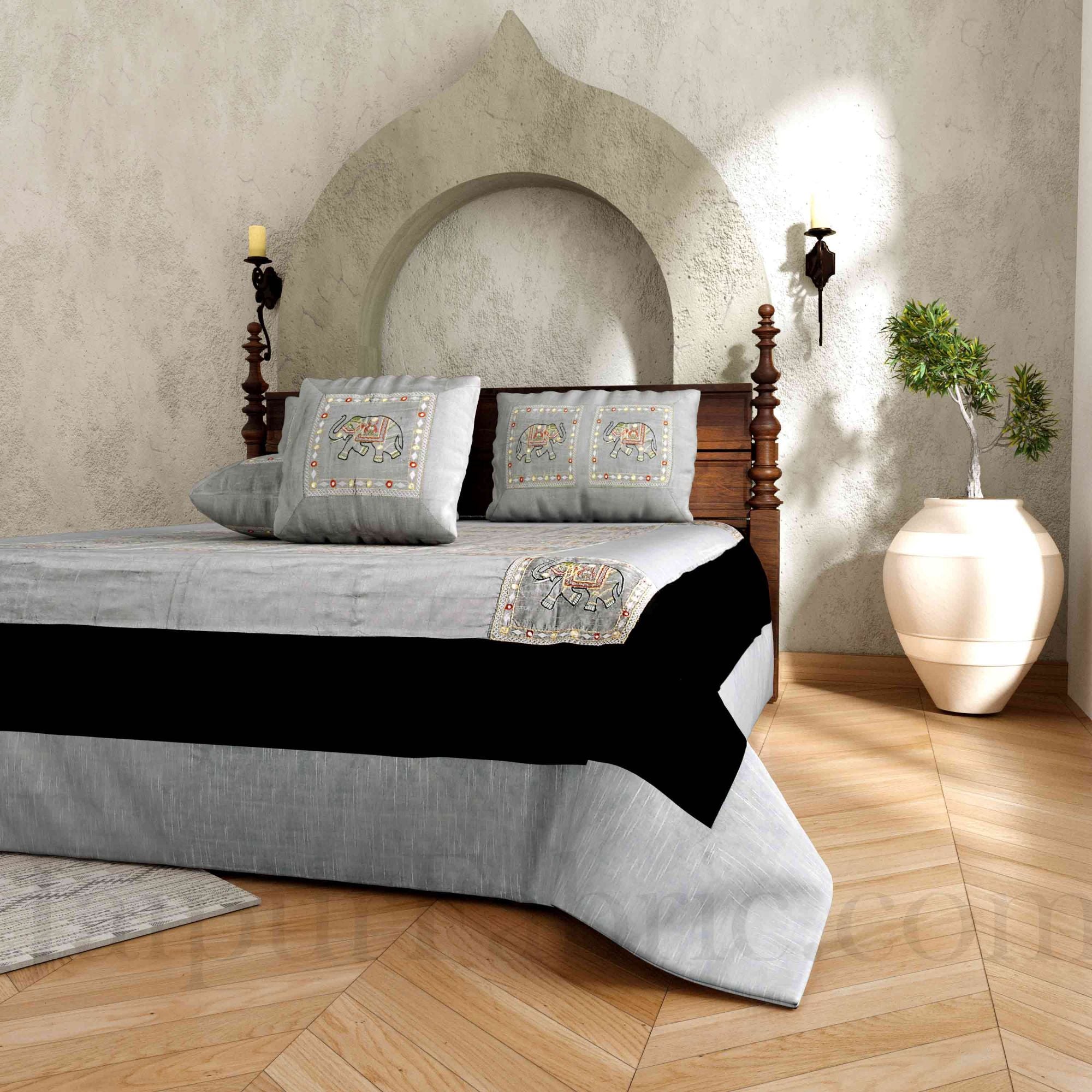 Gray Elephant Zari Embroidered and Mirror Work Silk Double Bed Sheet