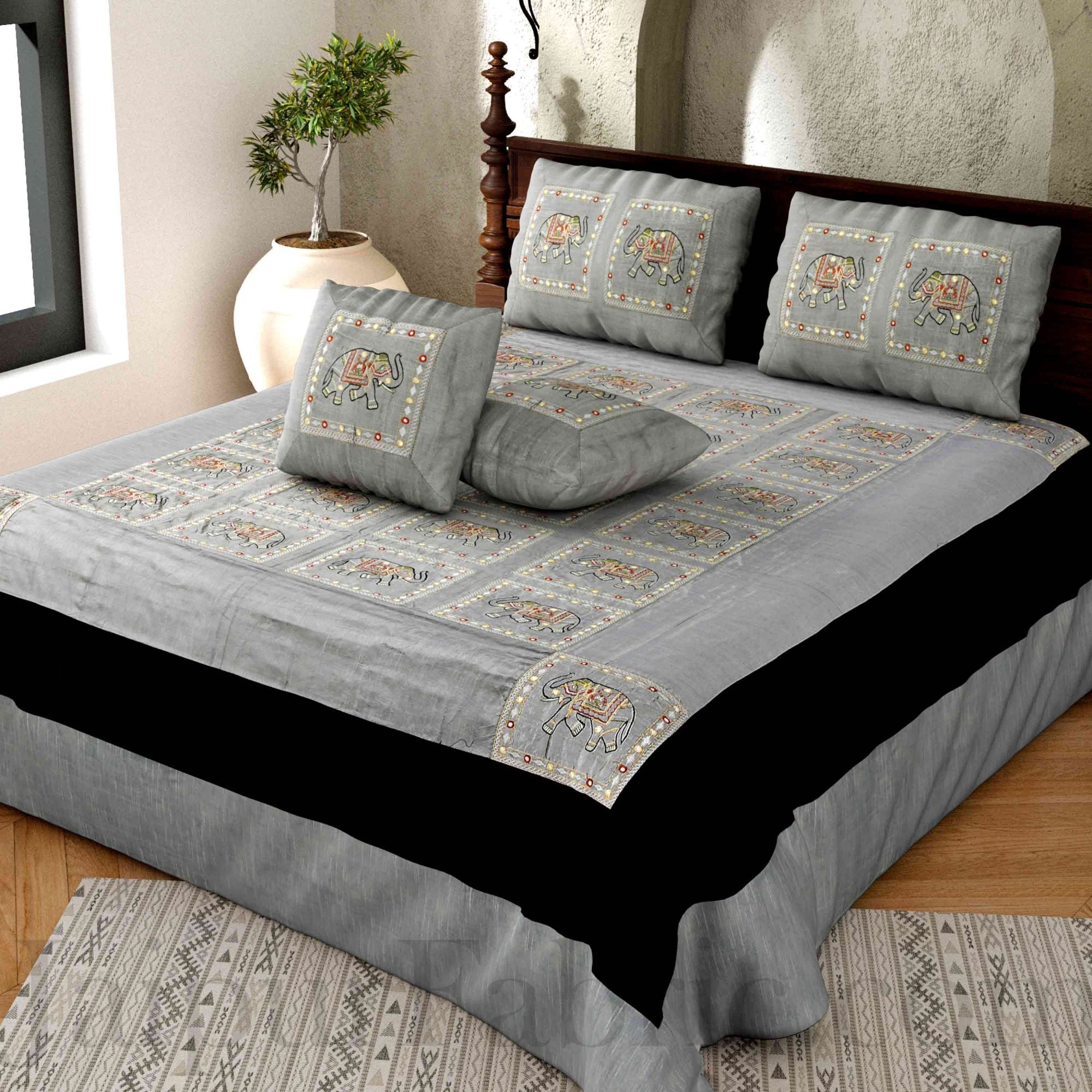 Gray Elephant Zari Embroidered and Mirror Work Silk Double Bed Sheet