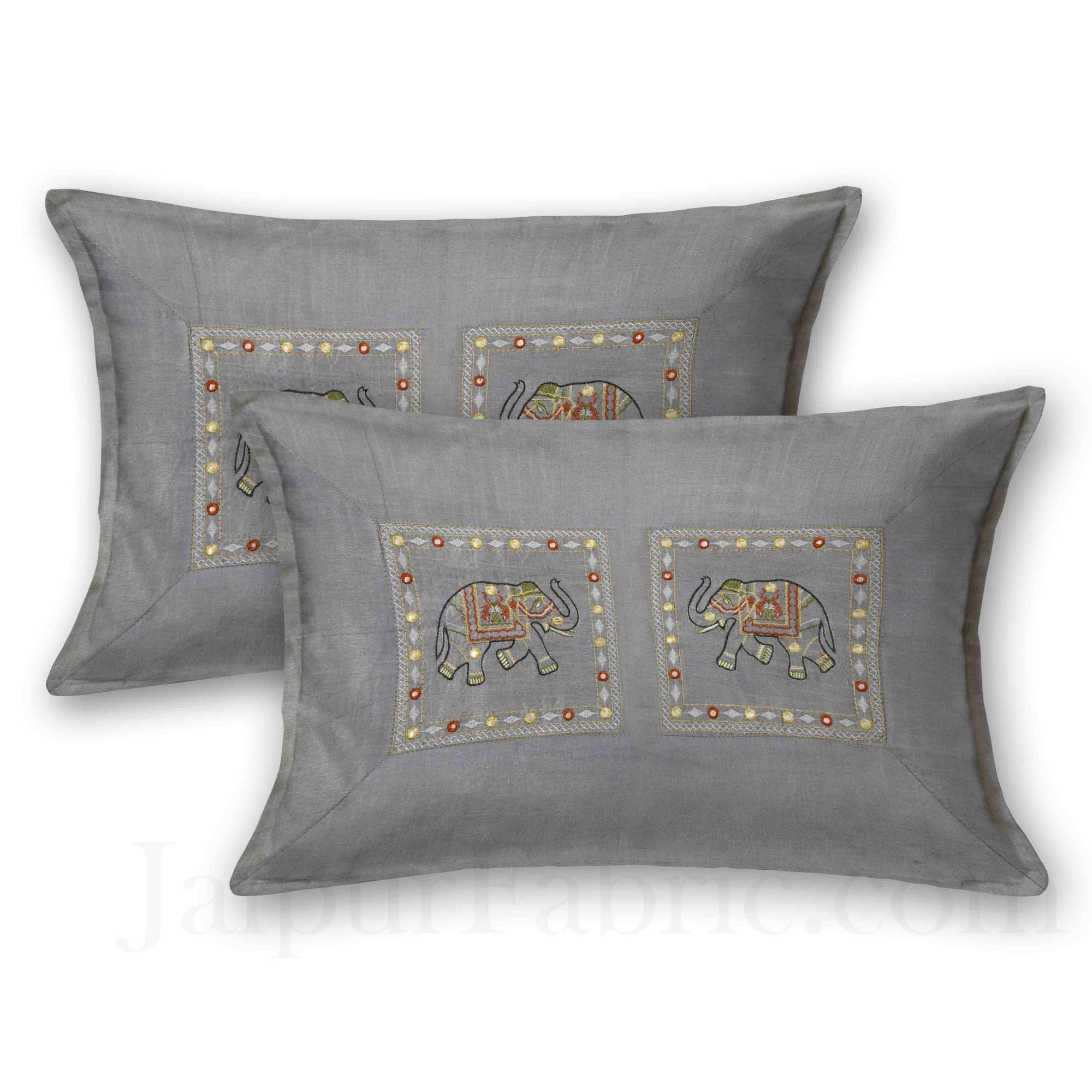 Gray Elephant Zari Embroidered and Mirror Work Silk Double Bed Sheet
