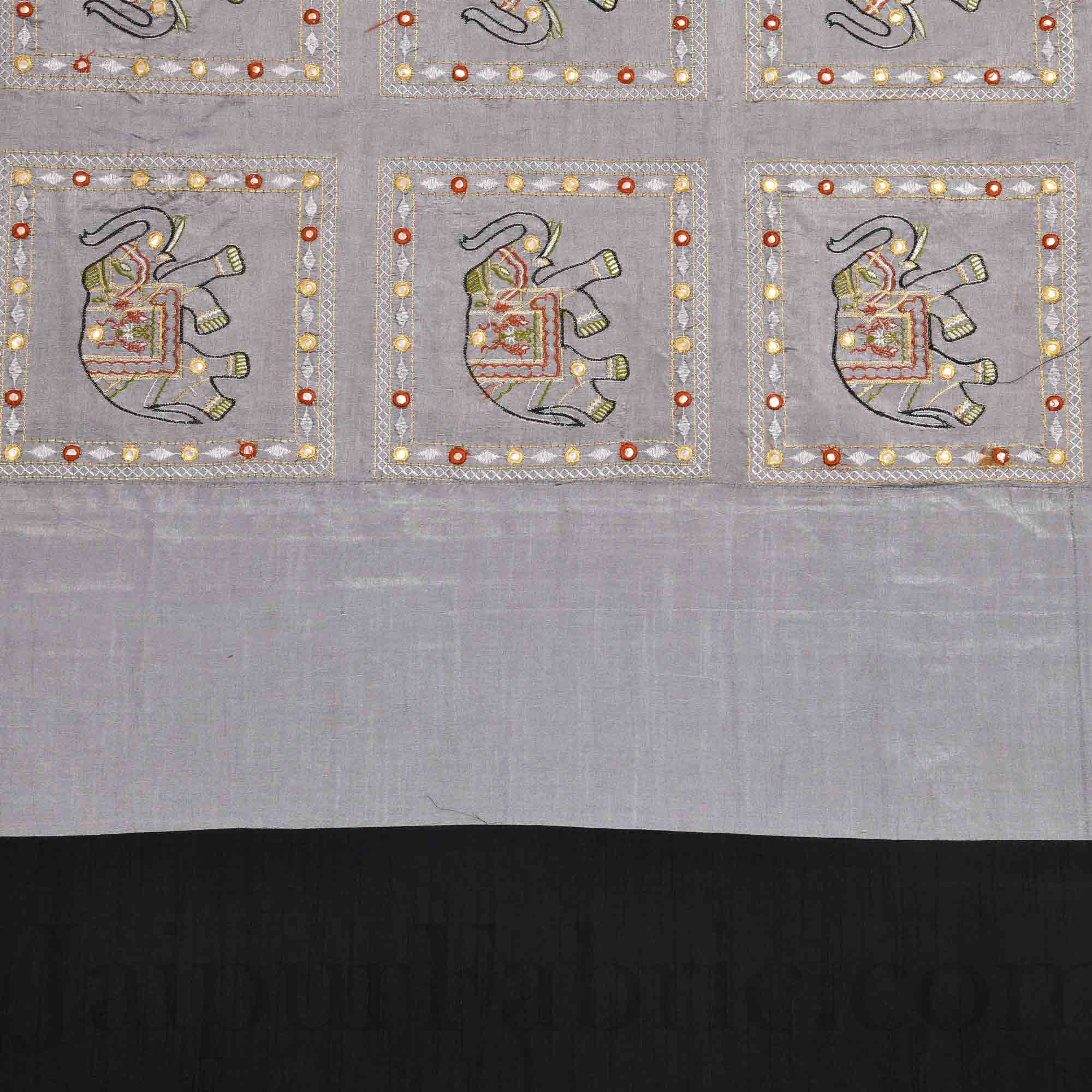 Gray Elephant Zari Embroidered and Mirror Work Silk Double Bed Sheet