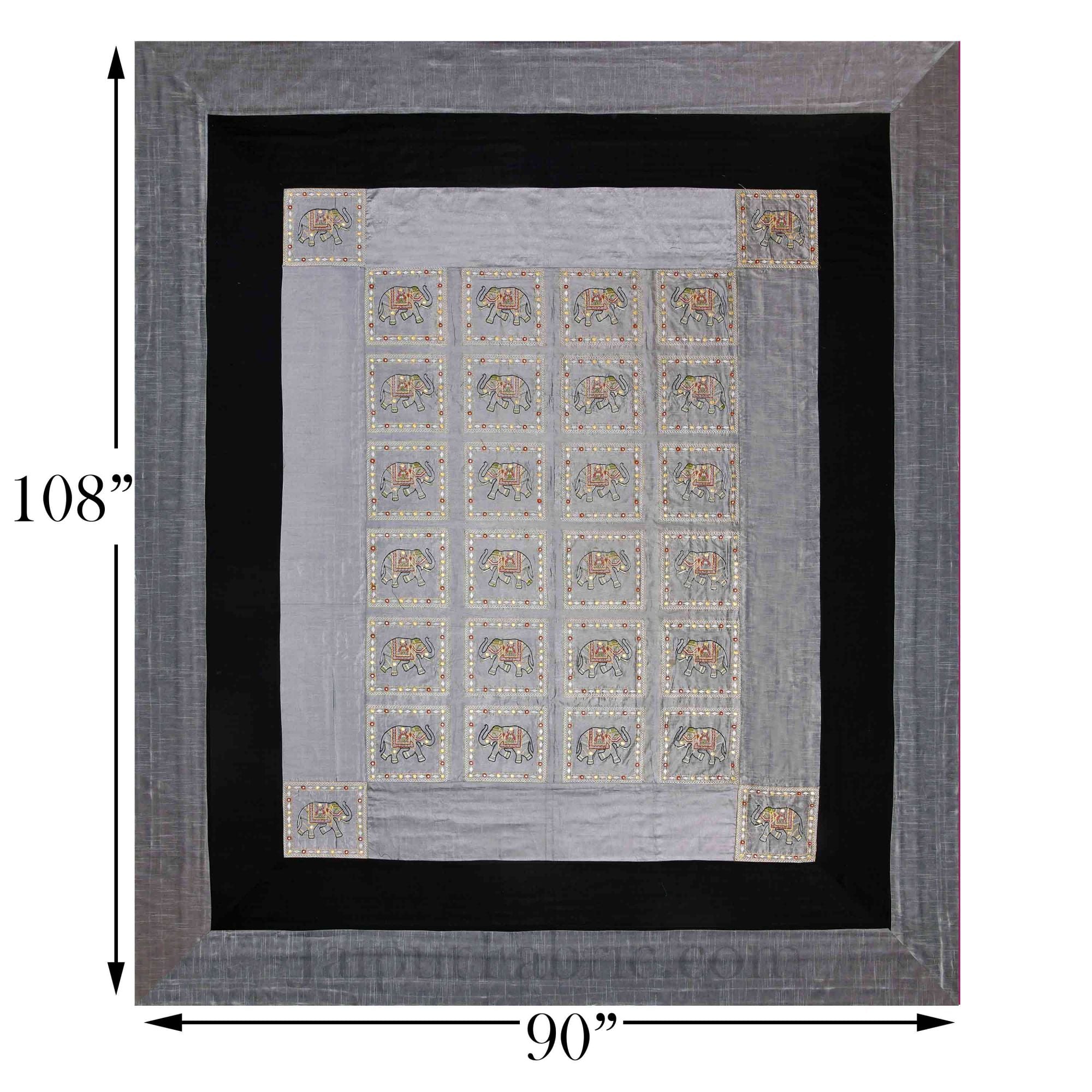 Gray Elephant Zari Embroidered and Mirror Work Silk Double Bed Sheet
