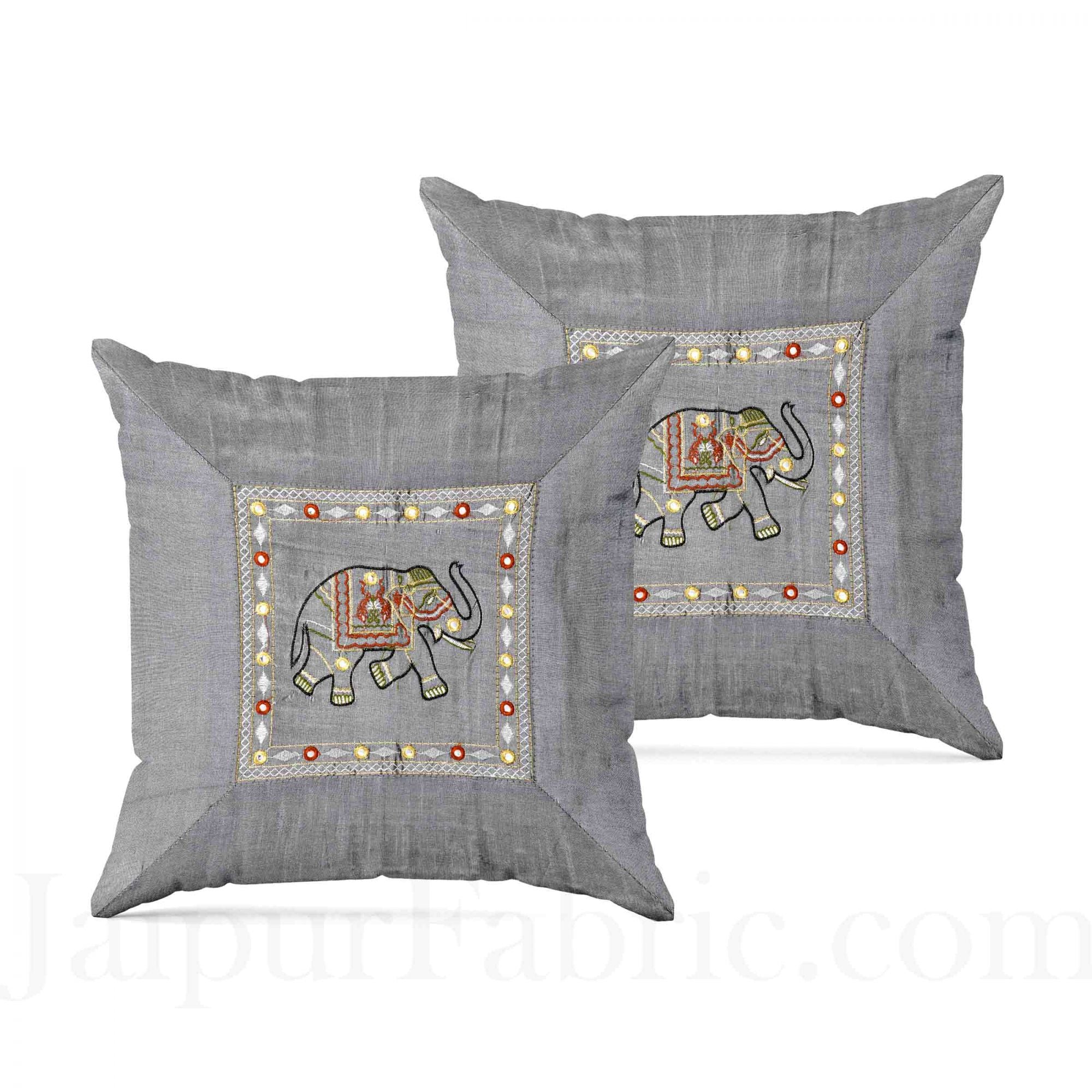 Gray Elephant Zari Embroidered and Mirror Work Silk Double Bed Sheet
