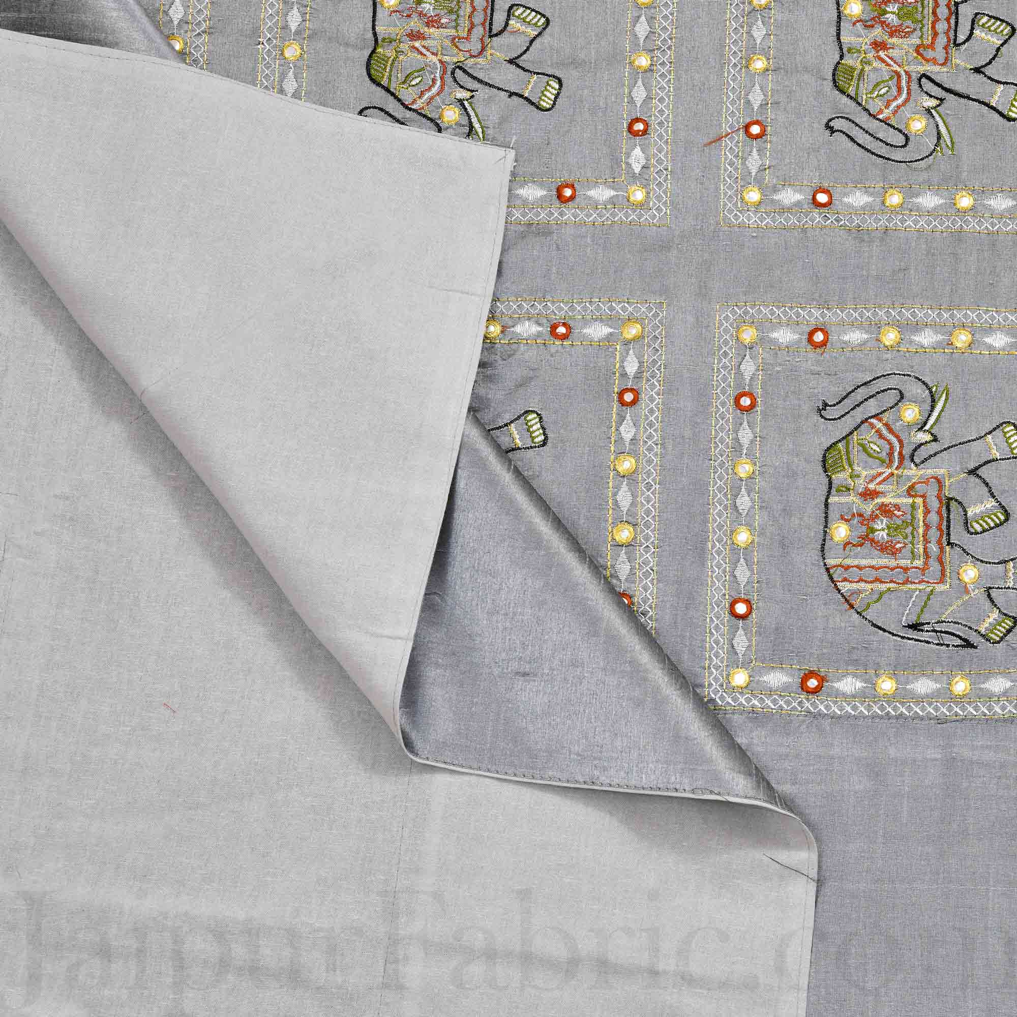 Gray Elephant Zari Embroidered and Mirror Work Silk Double Bed Sheet