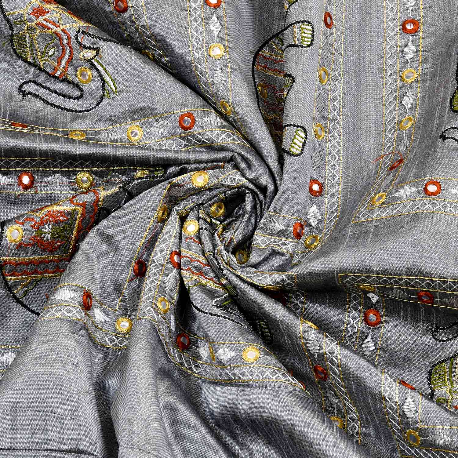 Gray Elephant Zari Embroidered and Mirror Work Silk Double Bed Sheet