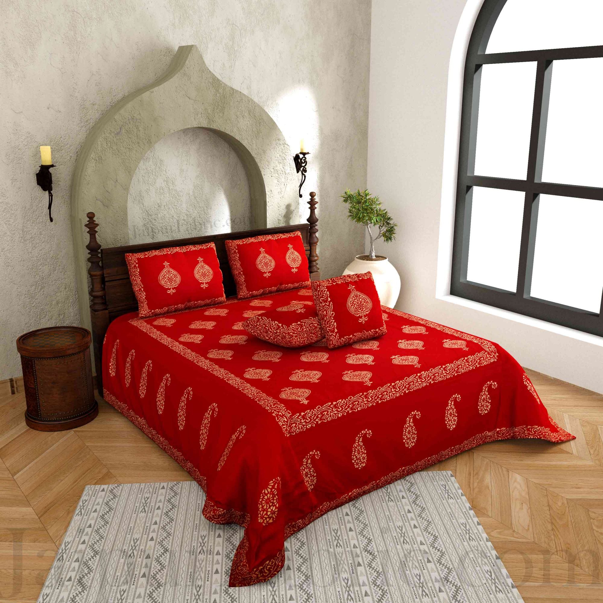 Maroon Base Khadi Print Hand Block Work Silk Double Bedsheet
