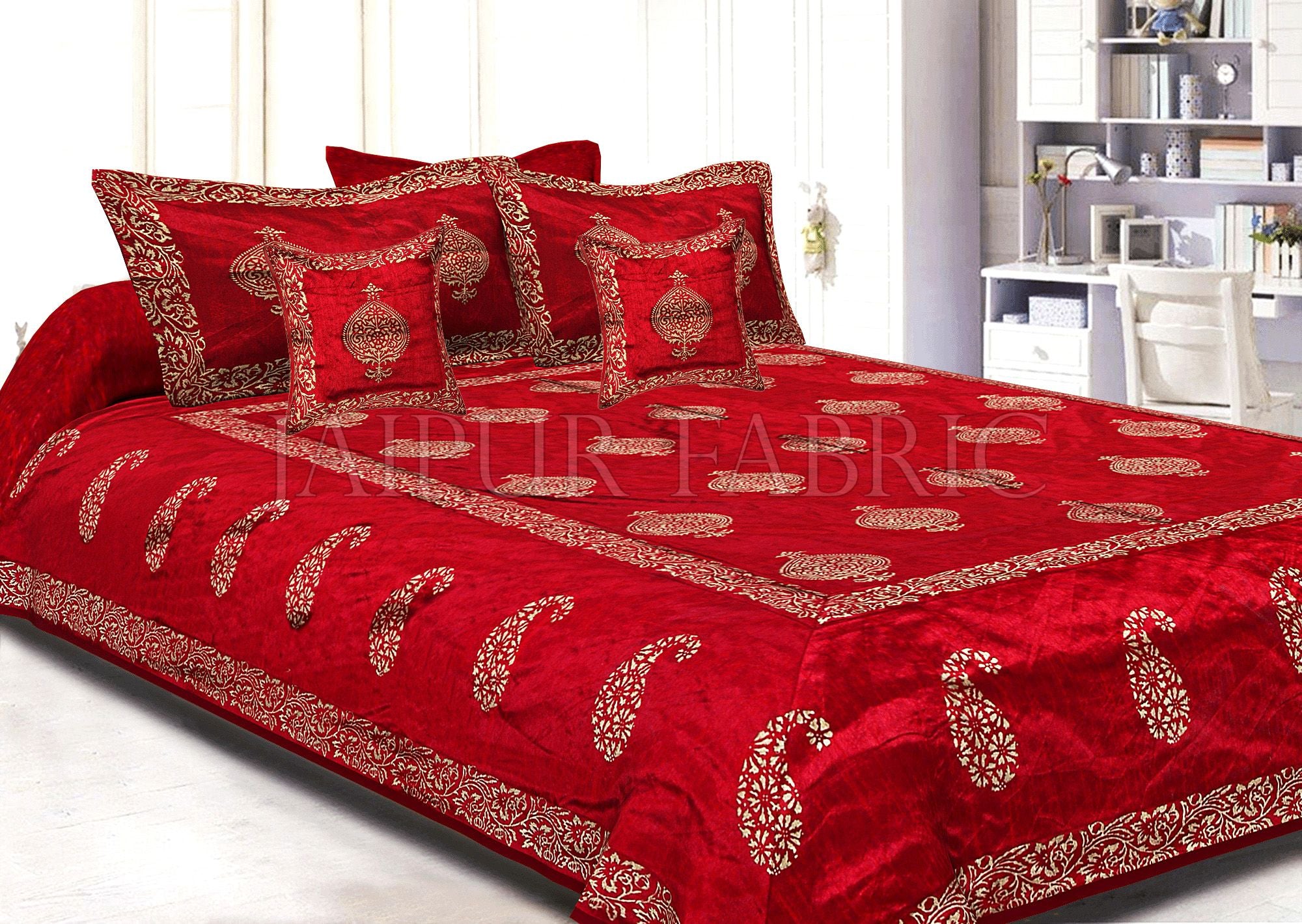 Maroon Base Khadi Print Hand Block Work Silk Double Bedsheet