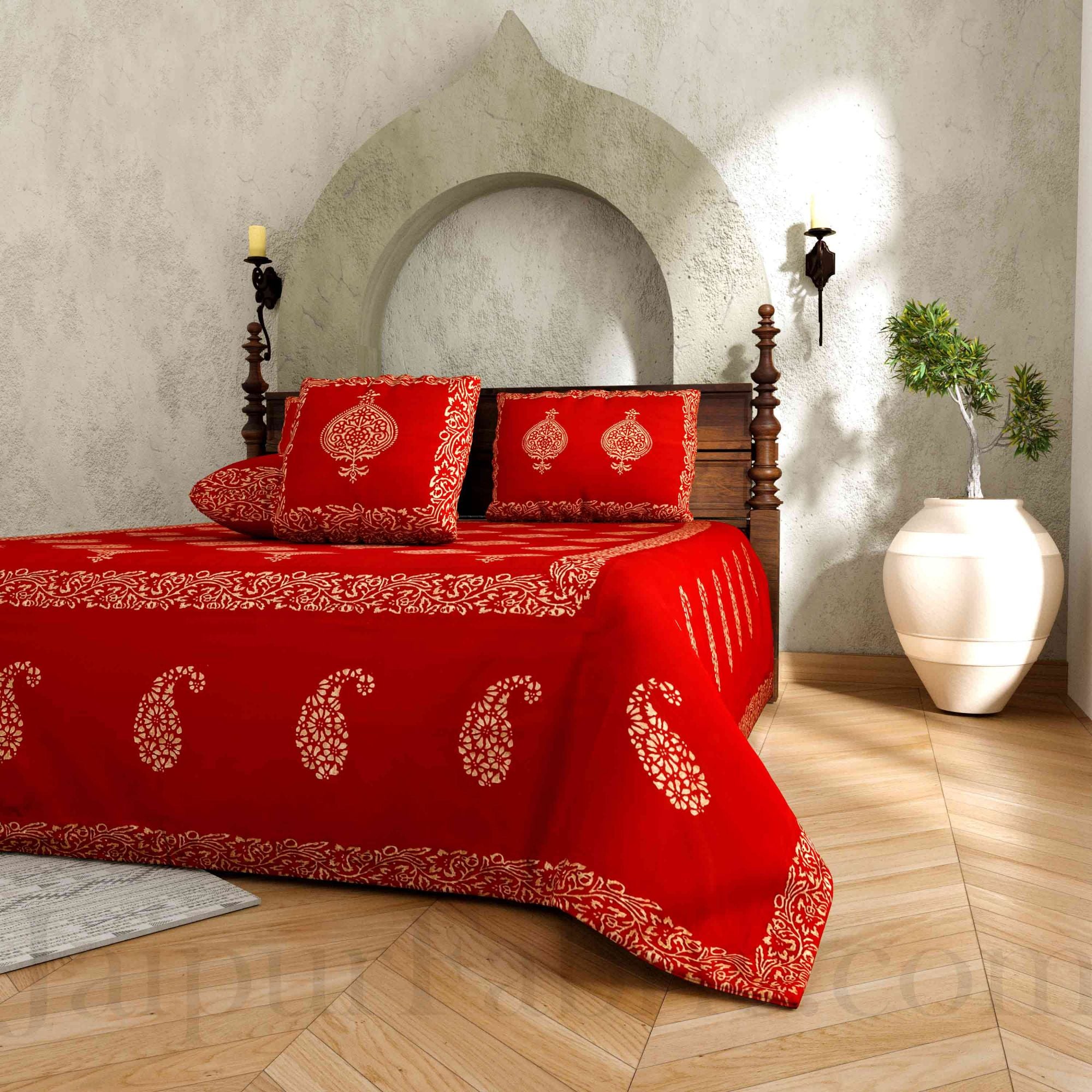 Maroon Base Khadi Print Hand Block Work Silk Double Bedsheet