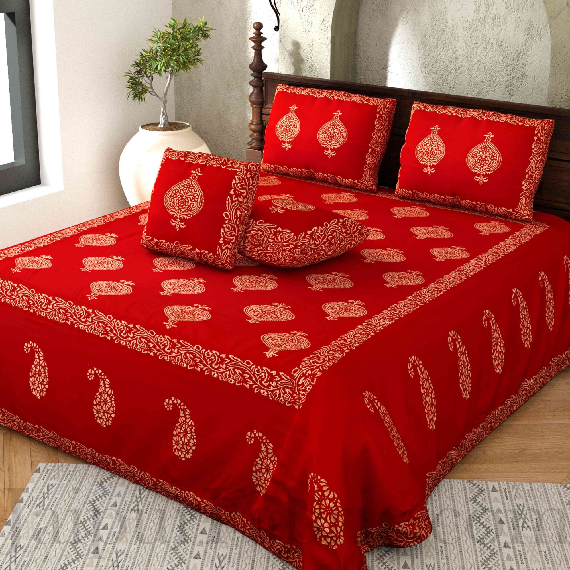 Maroon Base Khadi Print Hand Block Work Silk Double Bedsheet
