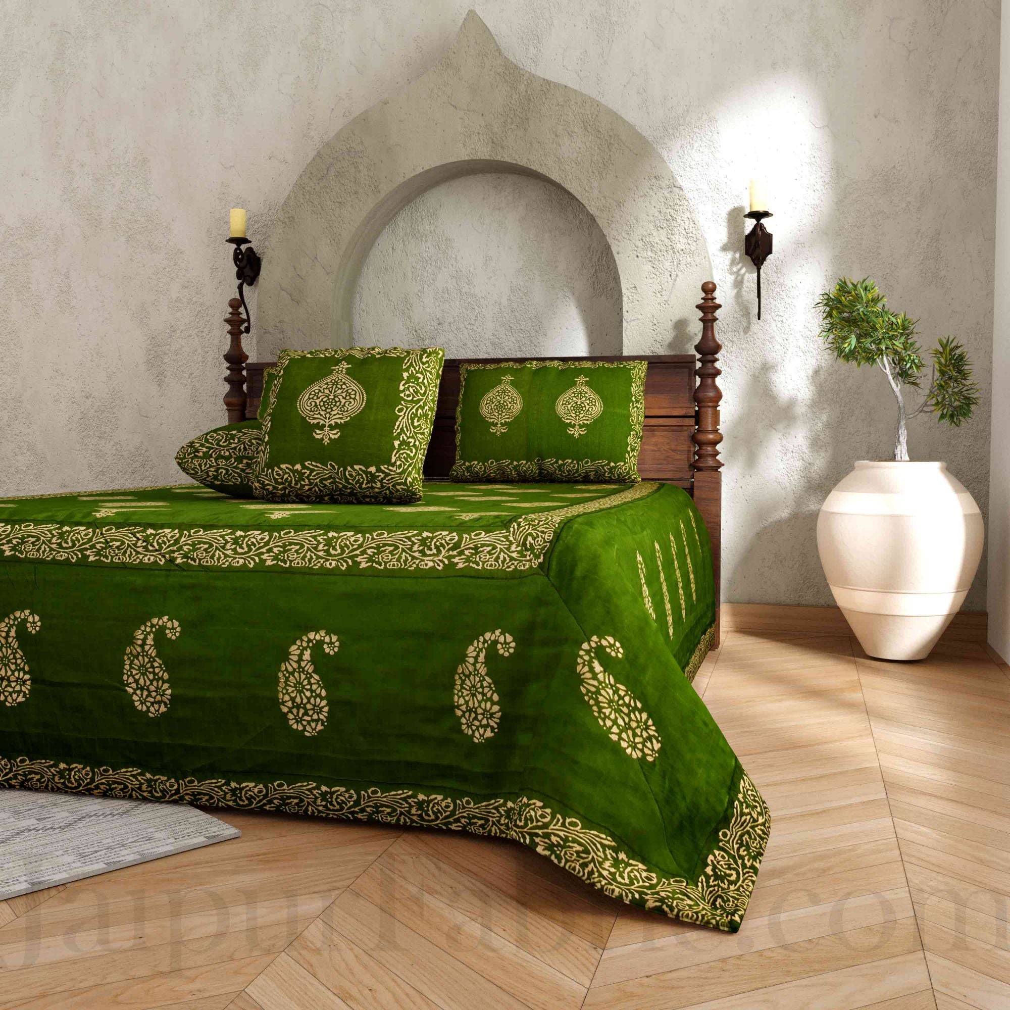 Mahendi Green Base Khadi Print Hand Work Silk Double Bedseet