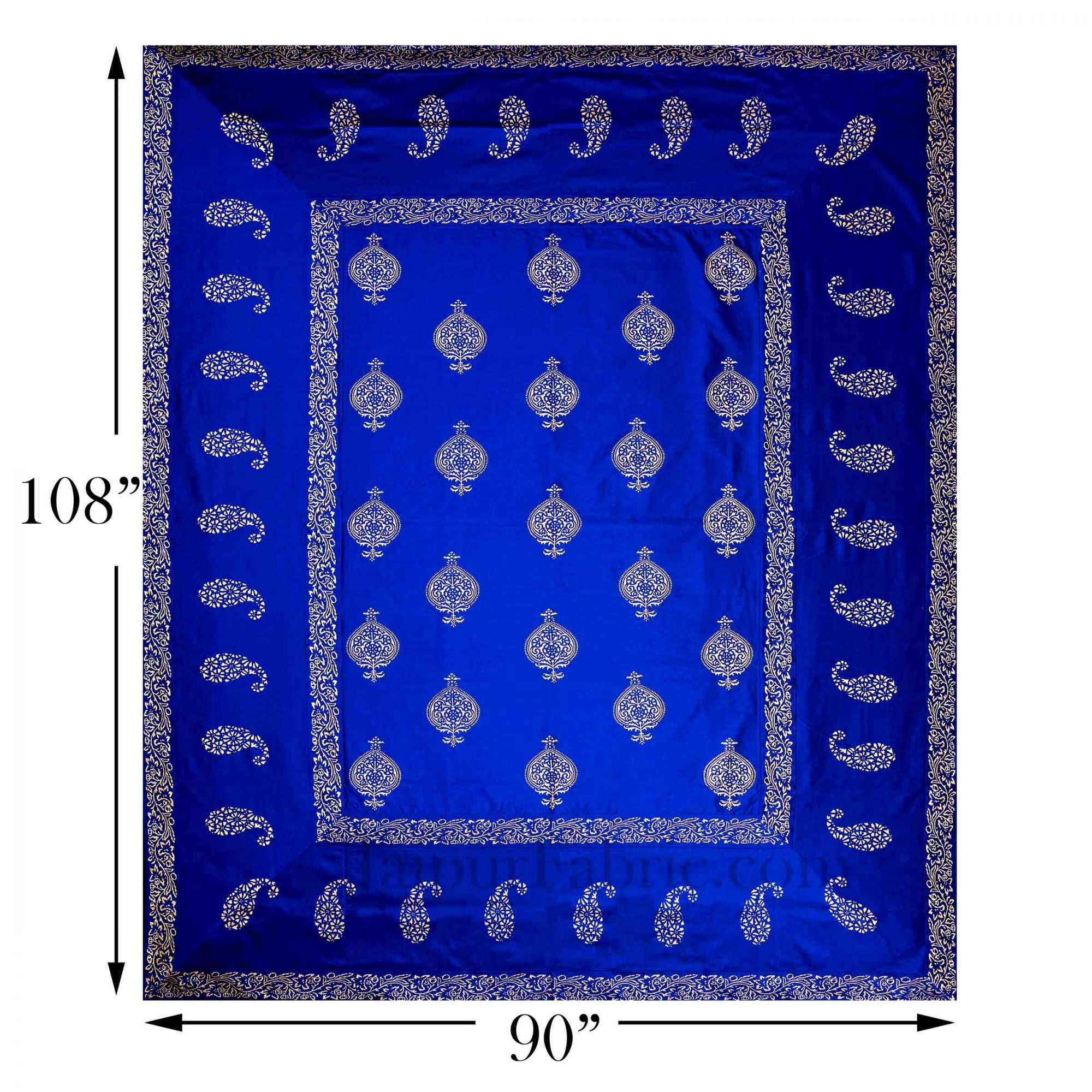 Blue Base Khadi Golden Printed Hand Block Work Silk Double Bed Sheet