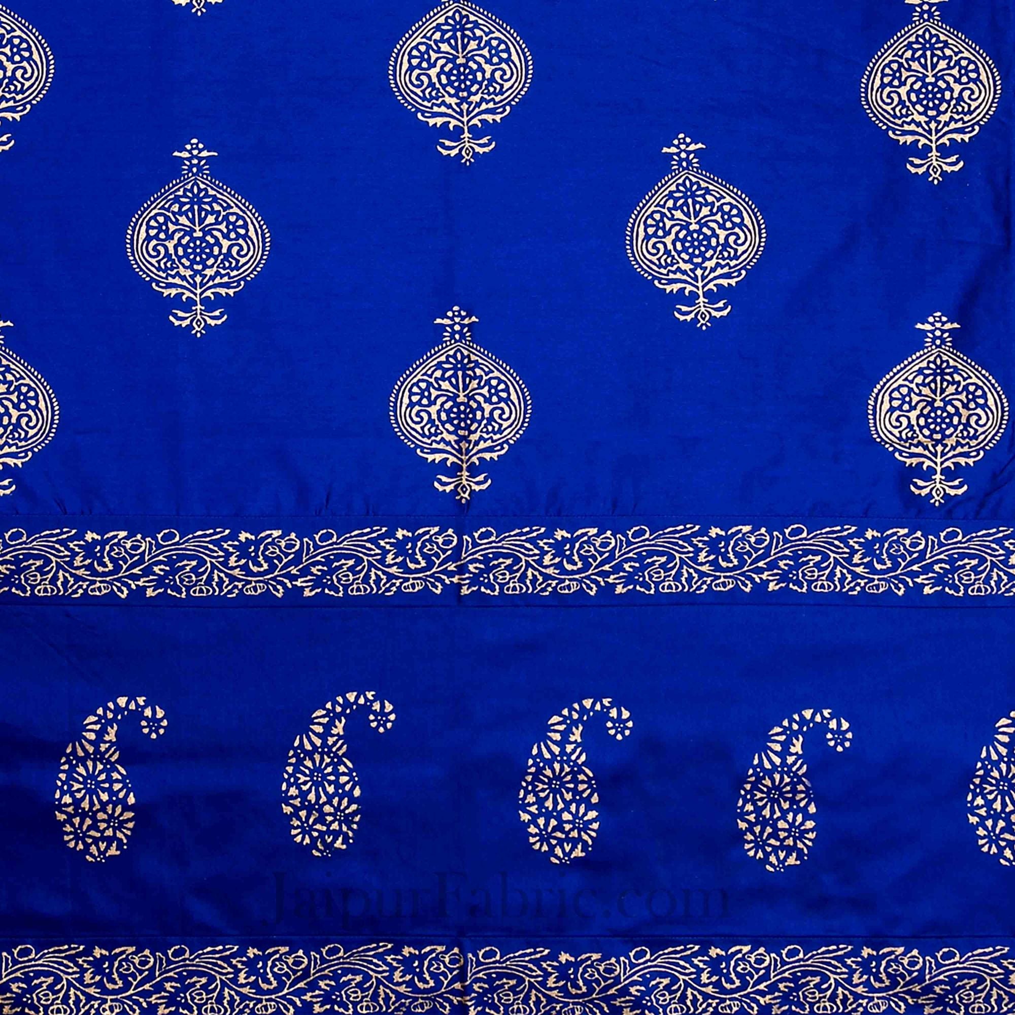 Blue Base Khadi Golden Printed Hand Block Work Silk Double Bed Sheet