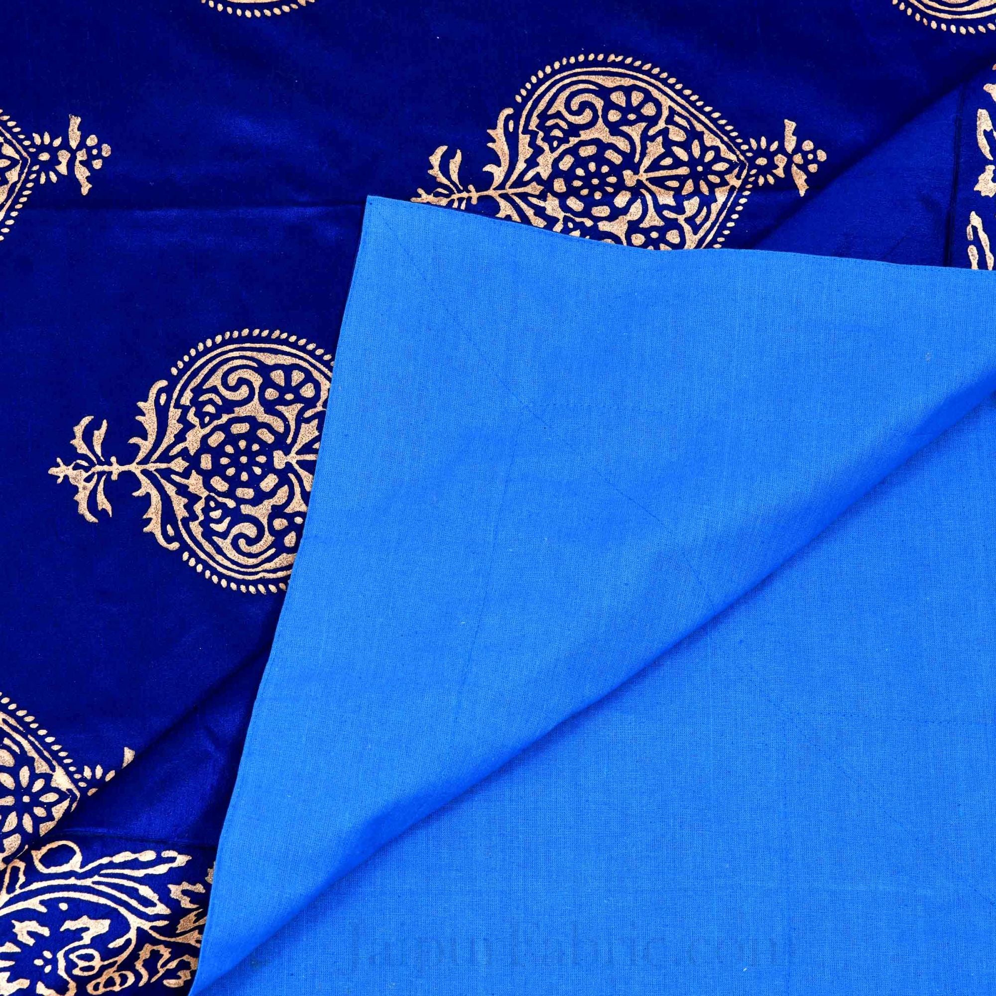 Blue Base Khadi Golden Printed Hand Block Work Silk Double Bed Sheet