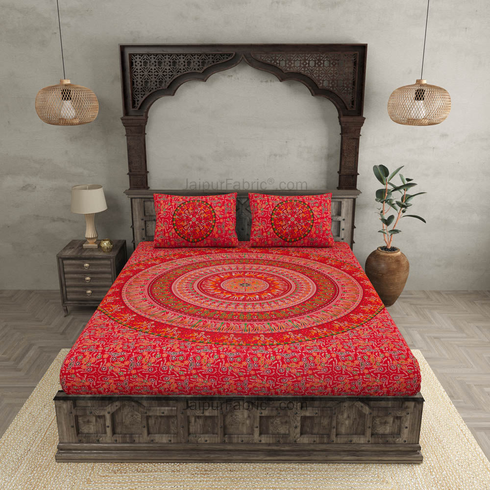 Ruby Red Mandala Bedsheet Tapestry Floral Print With 2 Pillow Covers
