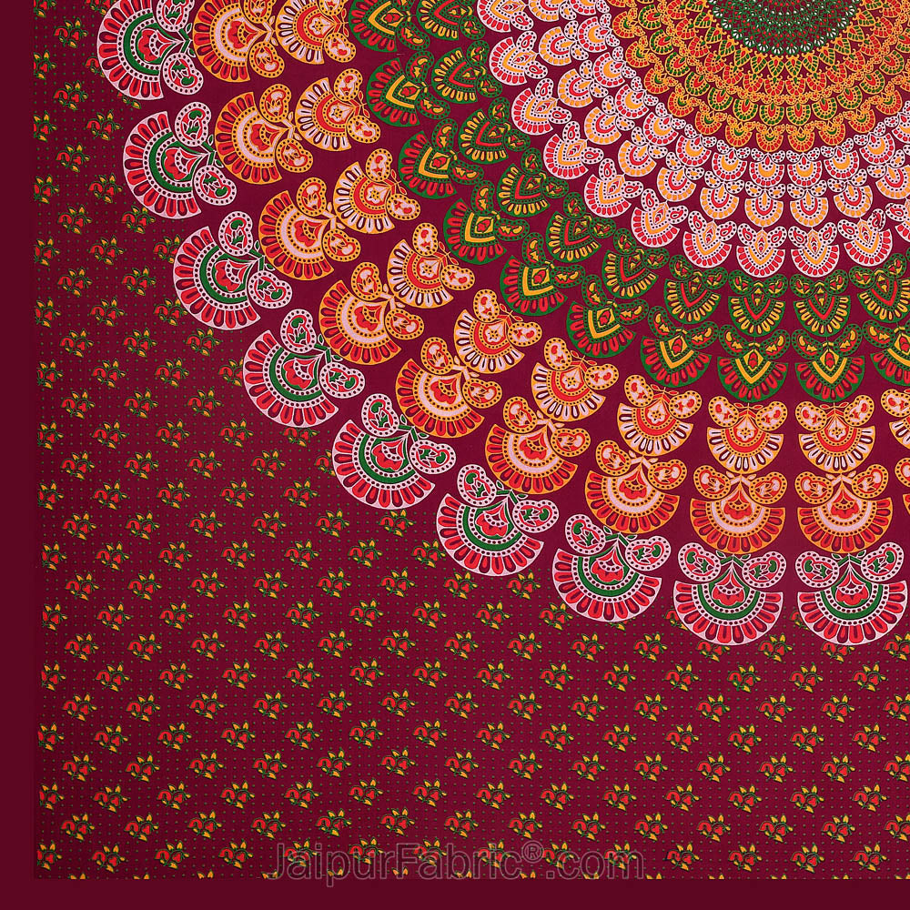 Crimson Red Mandala Bedsheet Tapestry Floral Print With 2 Pillow Covers