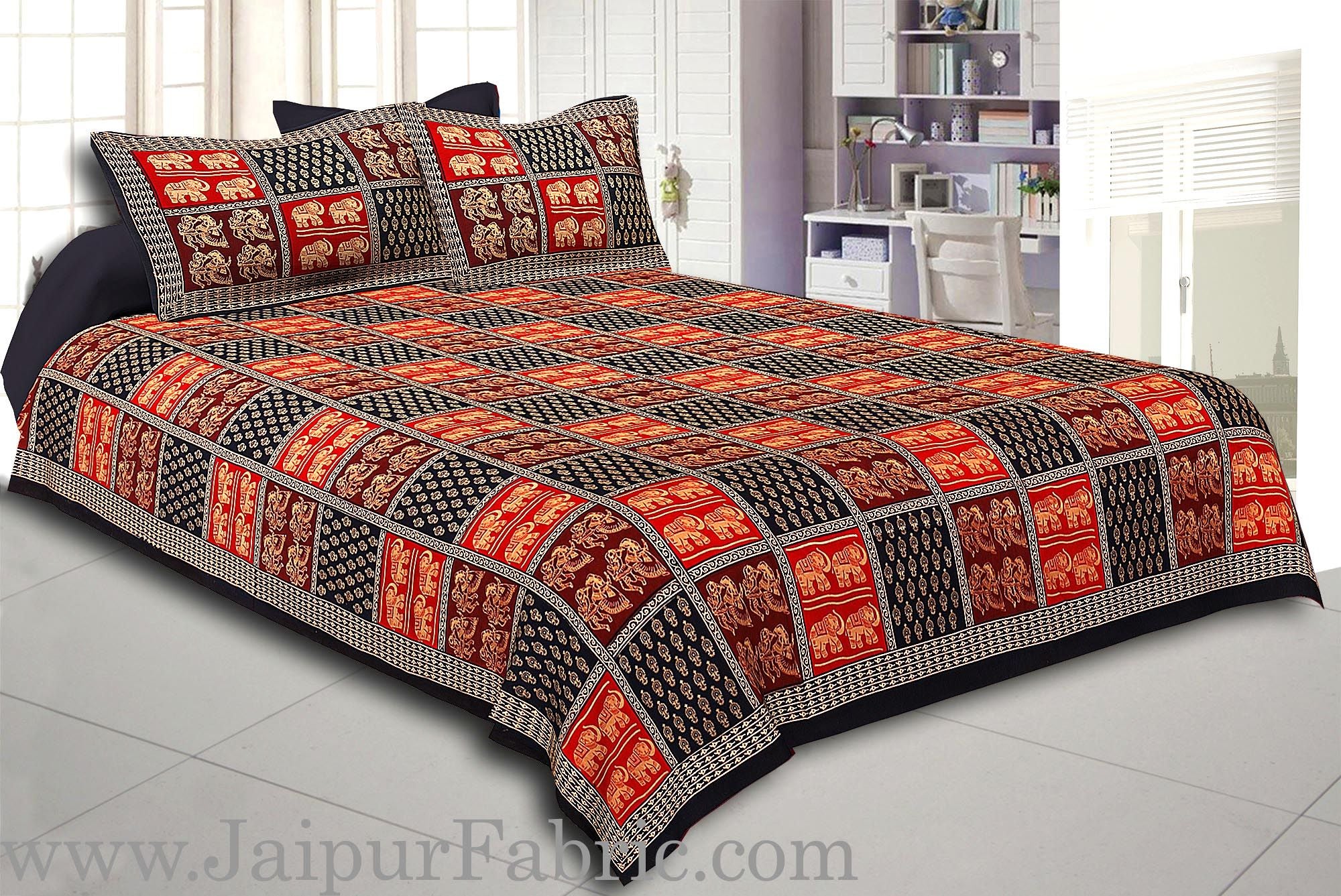 Black Border checkered With Elephant And Dandiya Pattern Golden Print Super fine Cotton Double Bed Sheet