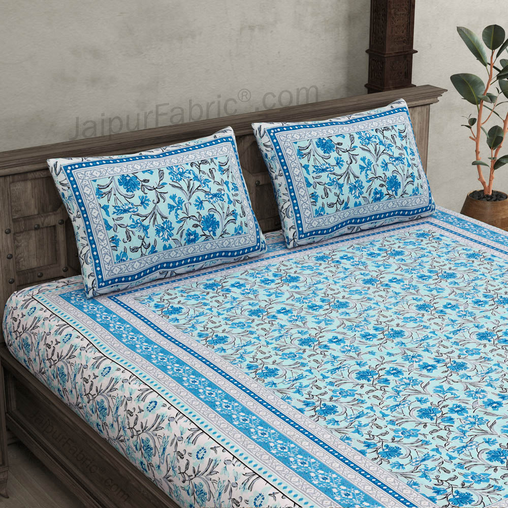 Botanica Sky Blue Combo of Pure Cotton Double Bedsheet and Double Bed Comforter