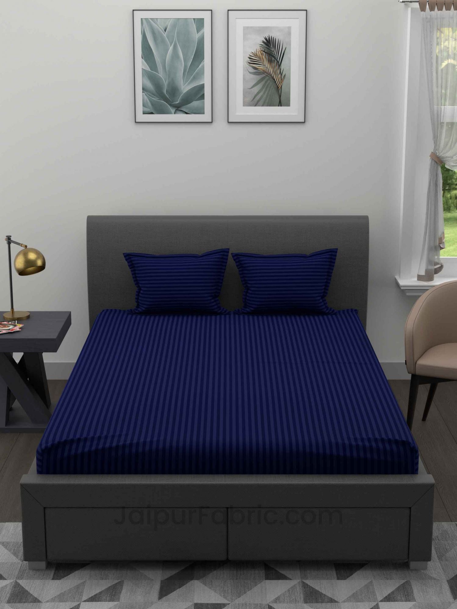 Navy Blue Satin Stripes Double BedSheet