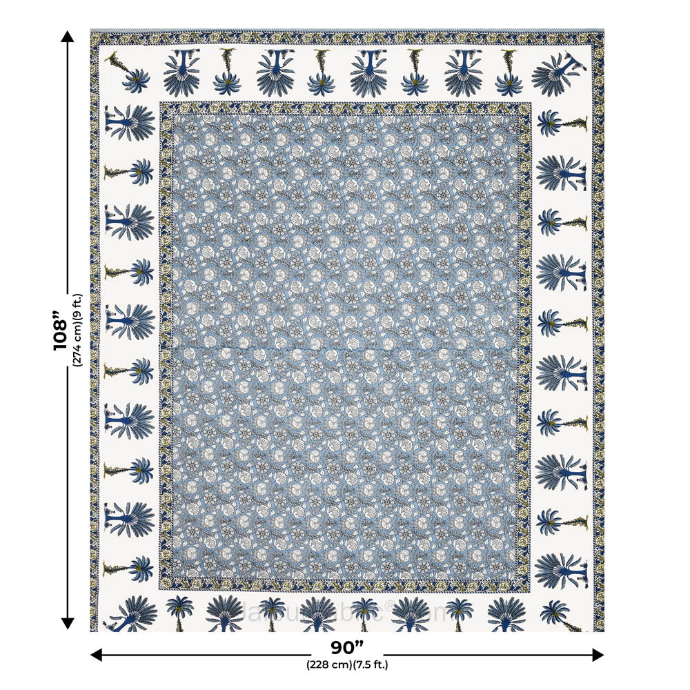 Whimsical Woodcuts Blue Block Print Pure Cotton Double Bedsheet