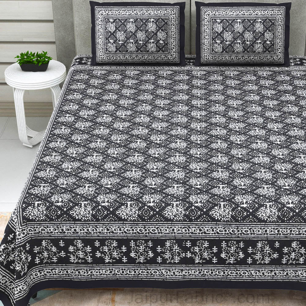 Grey Topiary Dabu Print Jaipuri Double Bedsheet