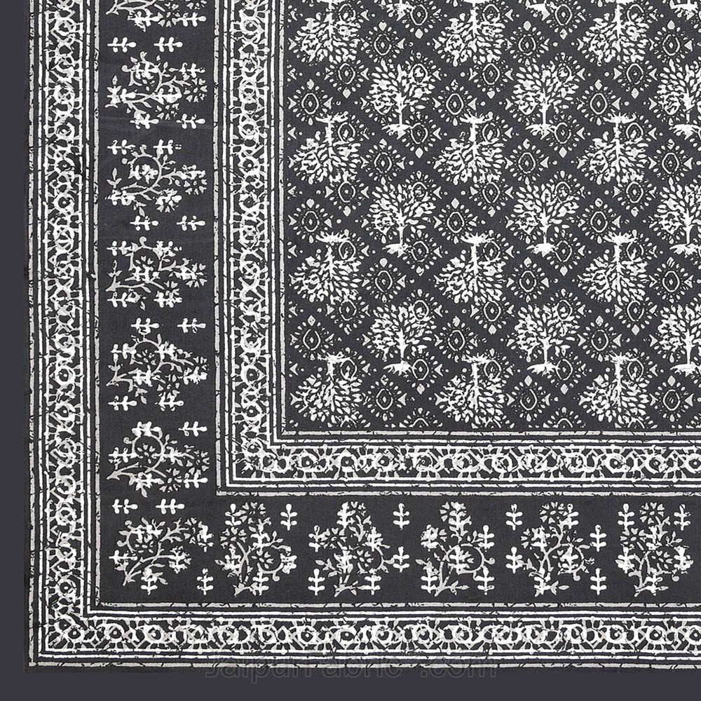 Grey Topiary Dabu Print Jaipuri Double Bedsheet