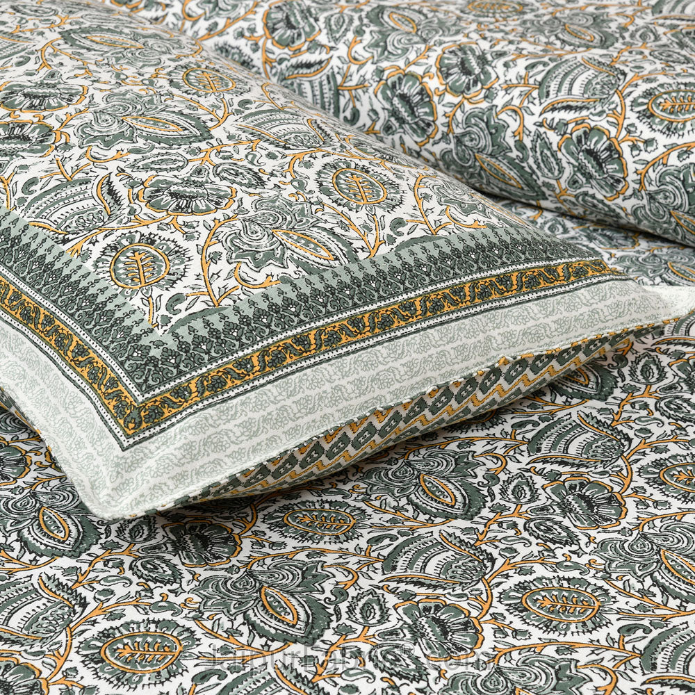 Green Florets Jaipur Fabric Double Bed Sheet