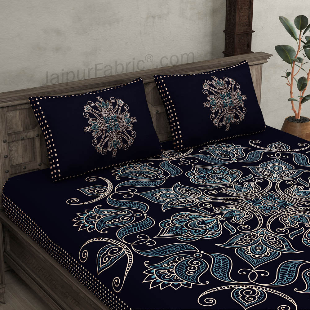 Royal Goldi Navy Blue King Size Bed Sheet - Main Image