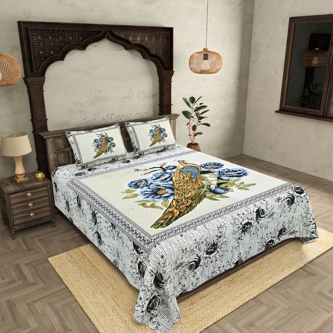 Indigo Night Peacock Symphony Cotton Double Bedsheet Kohler-Peacock Fusion