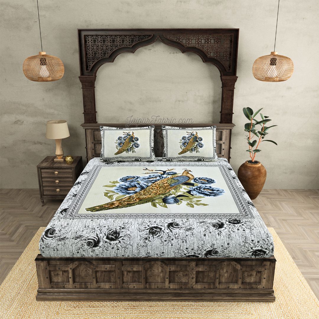 Indigo Night Peacock Symphony Cotton Double Bedsheet Kohler-Peacock Fusion