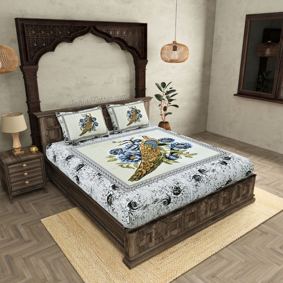 Indigo Night Peacock Symphony Cotton Double Bedsheet Kohler-Peacock Fusion