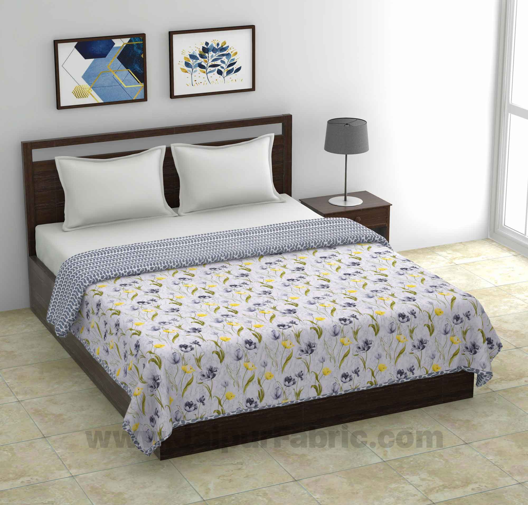 Lightweight Reversible Double Bed Dohar Grey Flower Skin Friendly