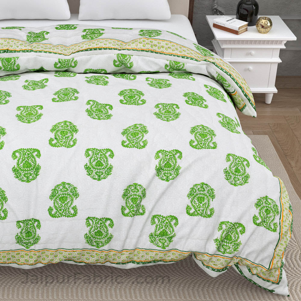 Traditional Green Boota Jaipuri Double Bed Quilt