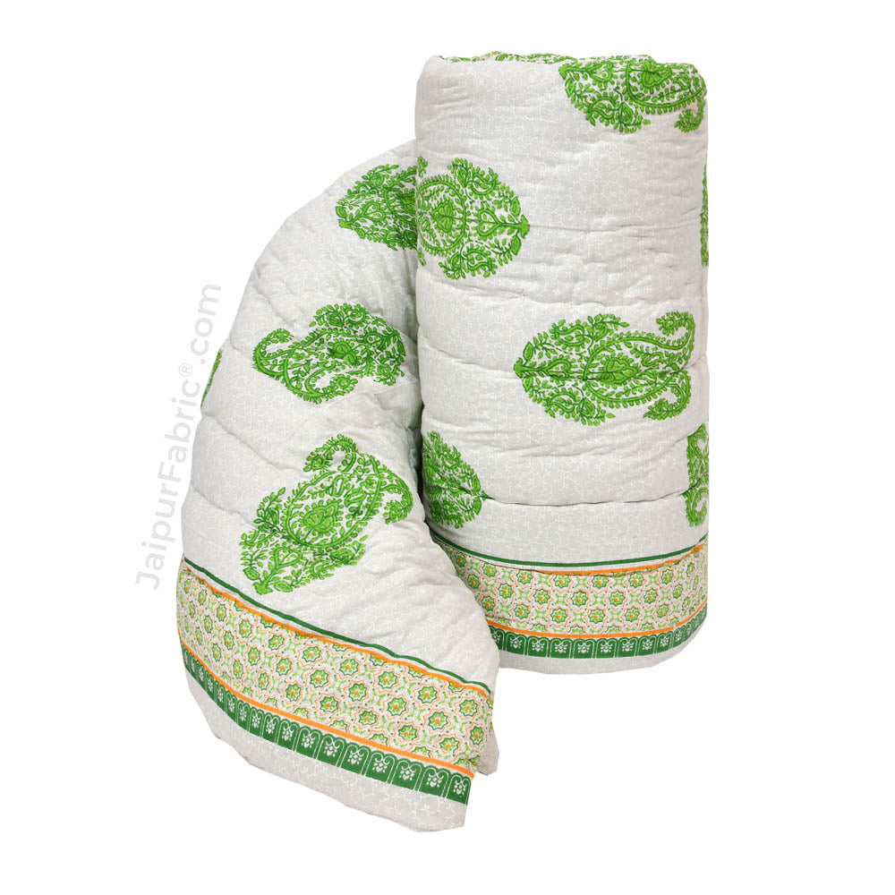 Traditional Green Boota Jaipuri Double Bed Quilt