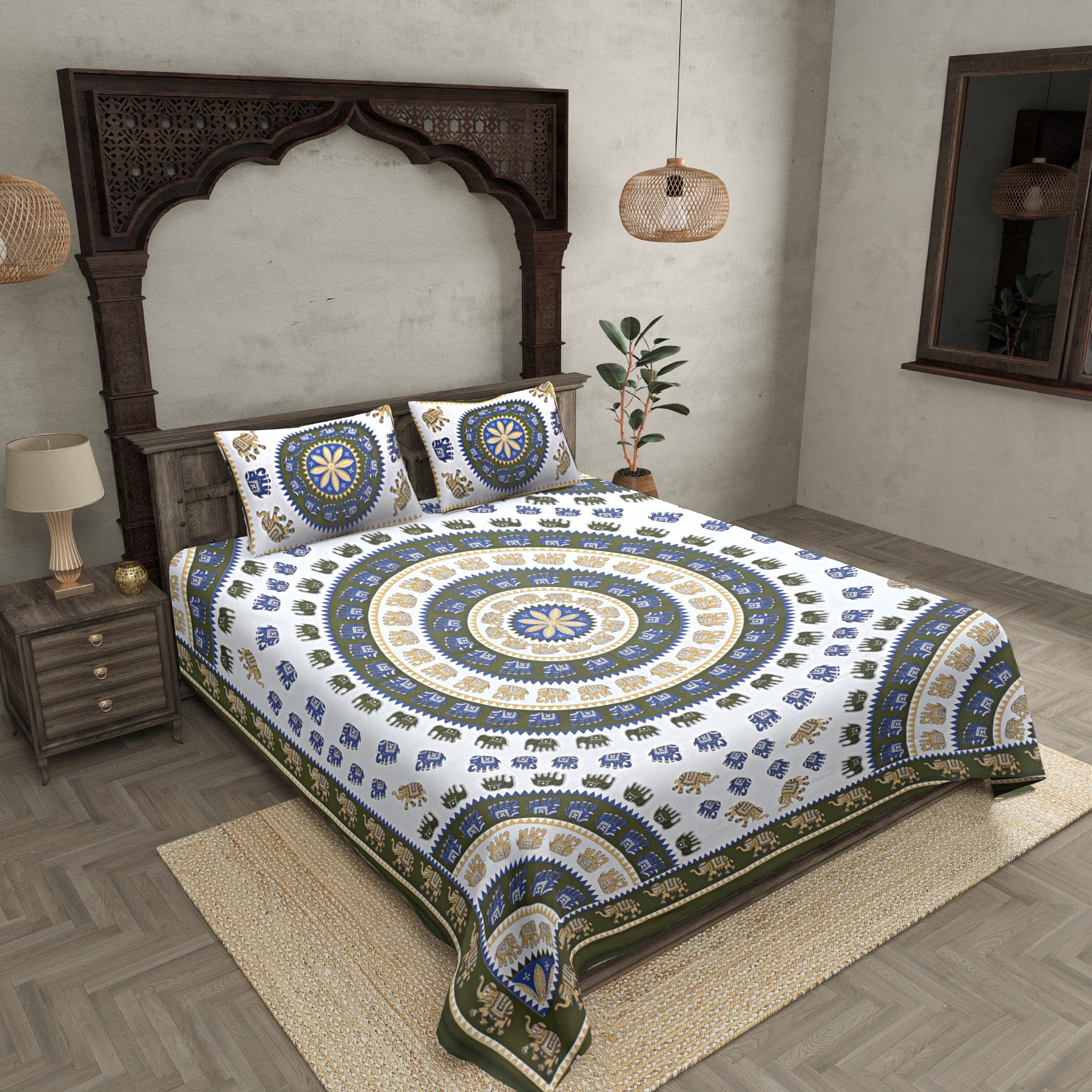 Double bedsheet Mehandi Green Border With Elephant Print Fine Cotton With Two Pillow Cover