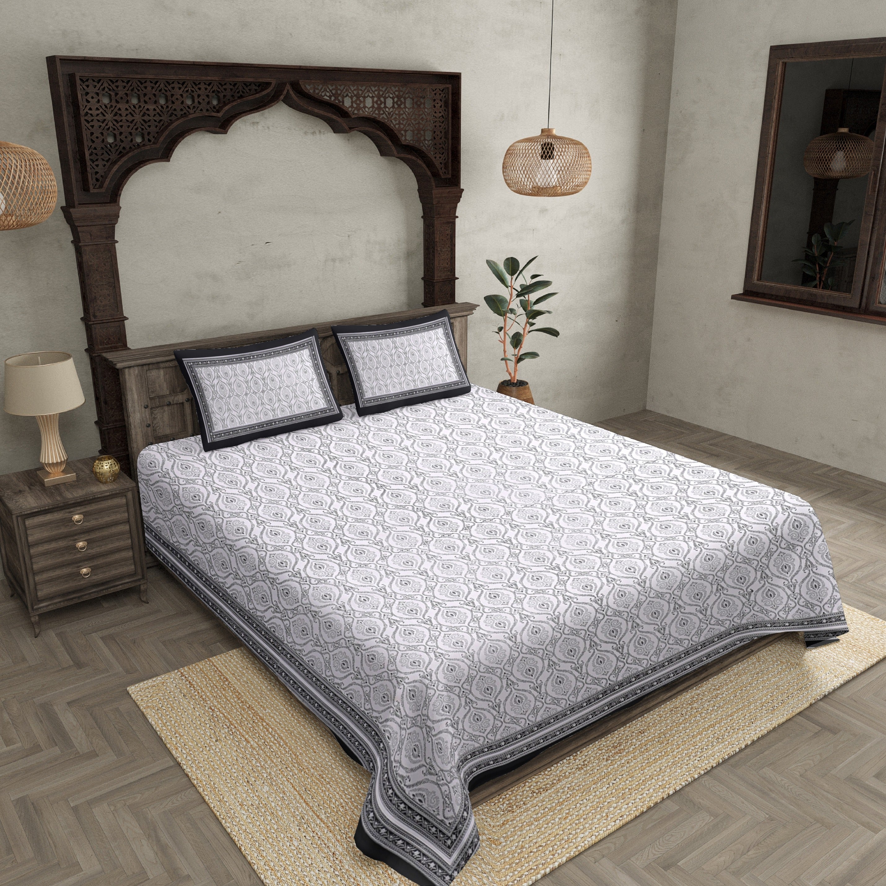 Double Bedsheet Rangoli Print Black Border Fine Cotton