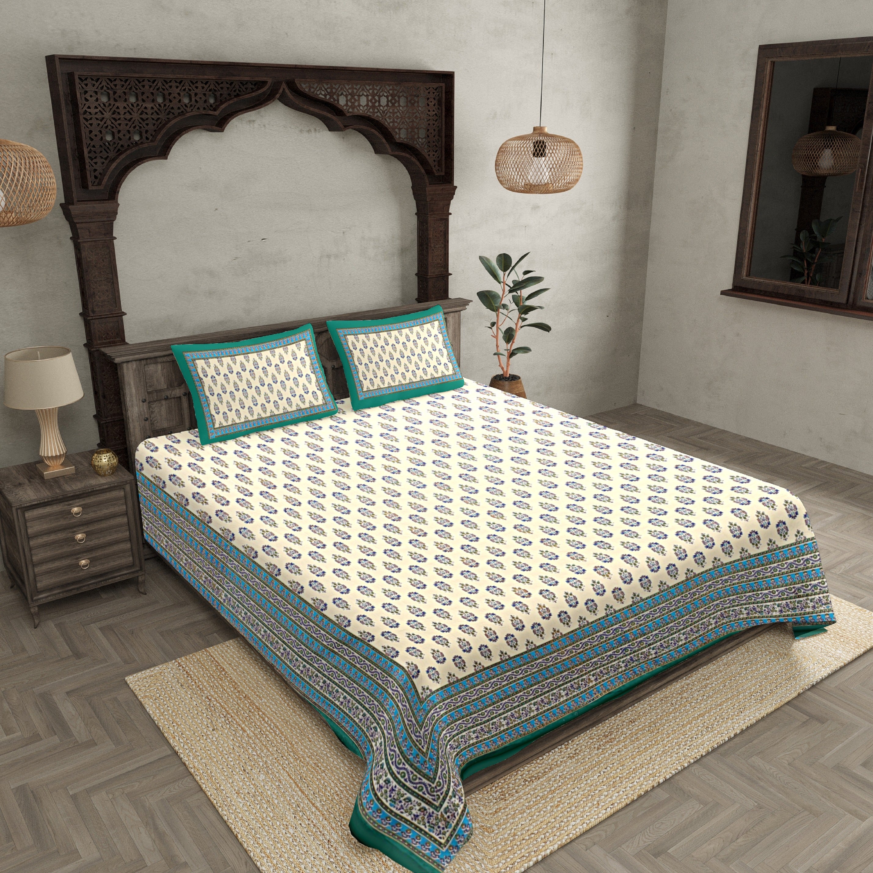 Green Border Cream Base Multi Border Small Booti With Golden Print Super Fine Cotton Double Bedsheet