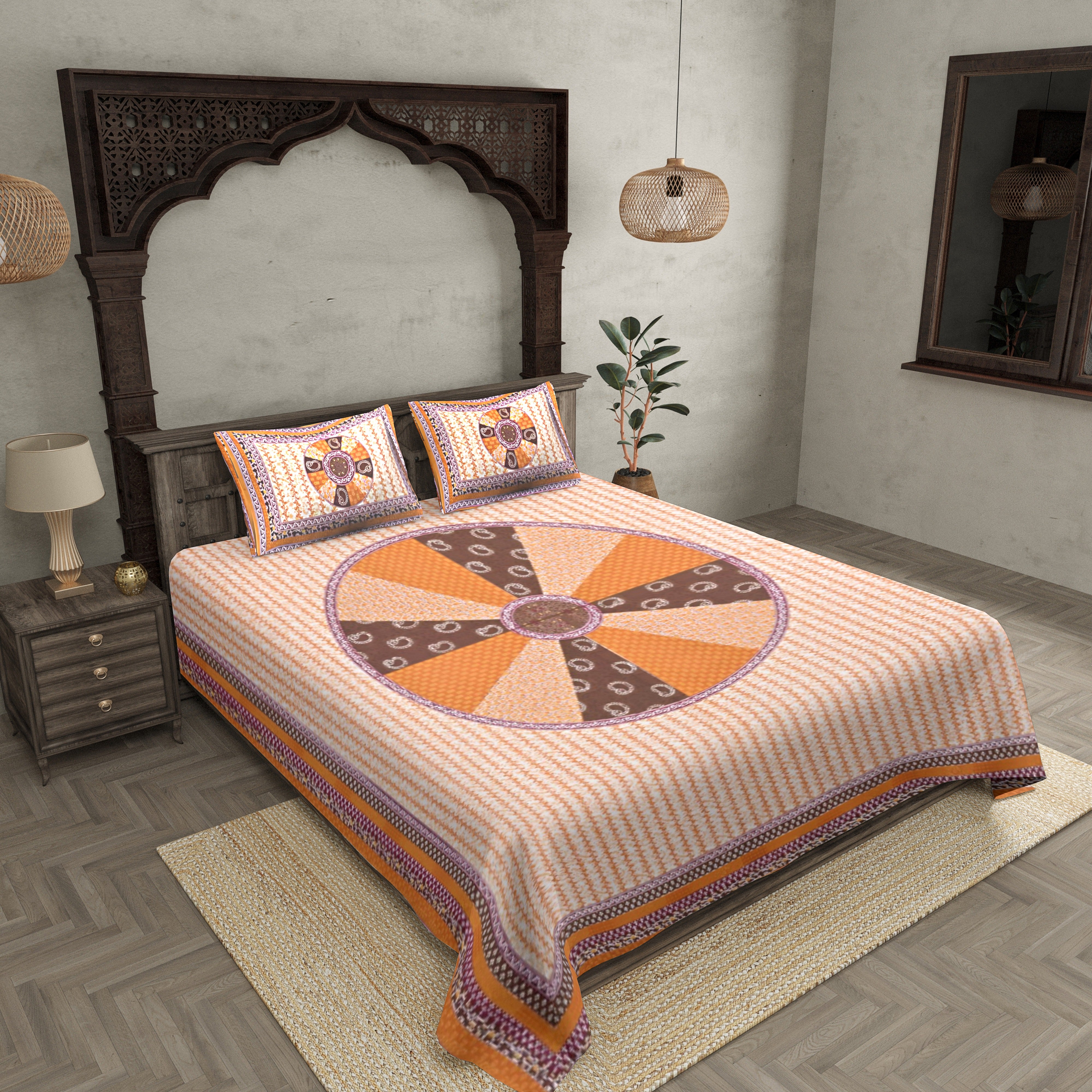 Yellow Border Cream Base With Large Circle Print Cotton Double Bedsheet