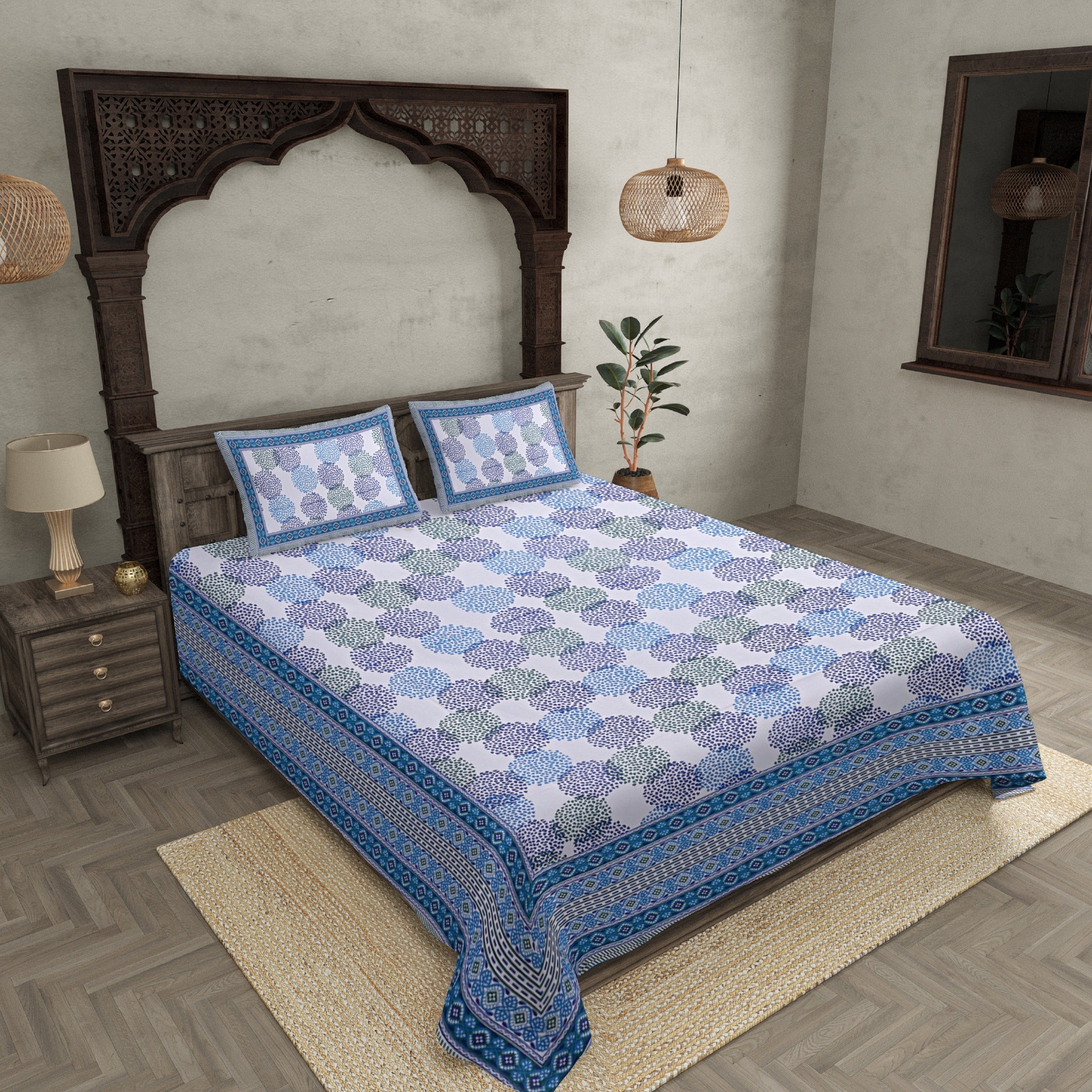 Double Bedsheet Dotted Sky Blue Circle Fine Cotton