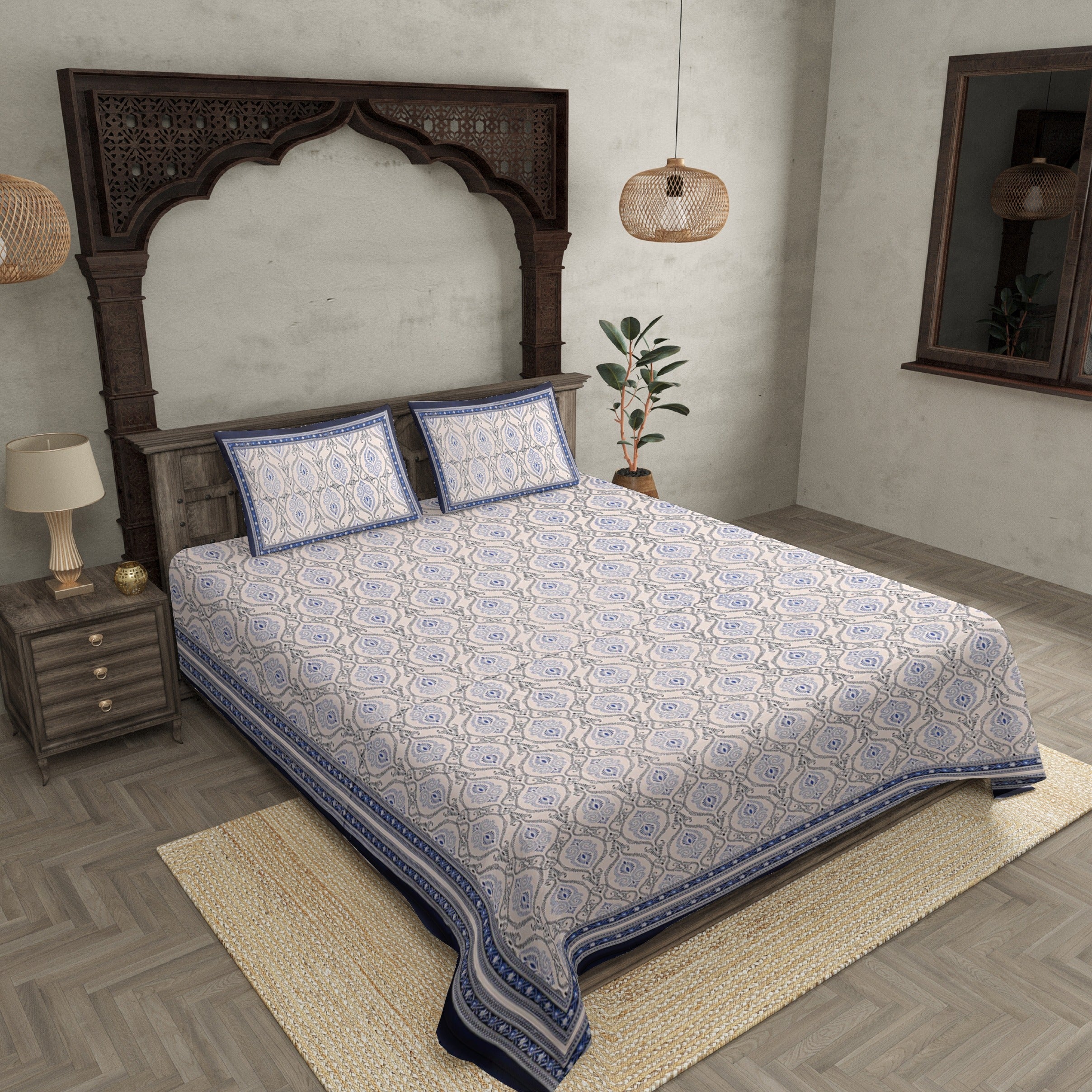 Double Bedsheet Rangoli Print Blue Border Fine Cotton