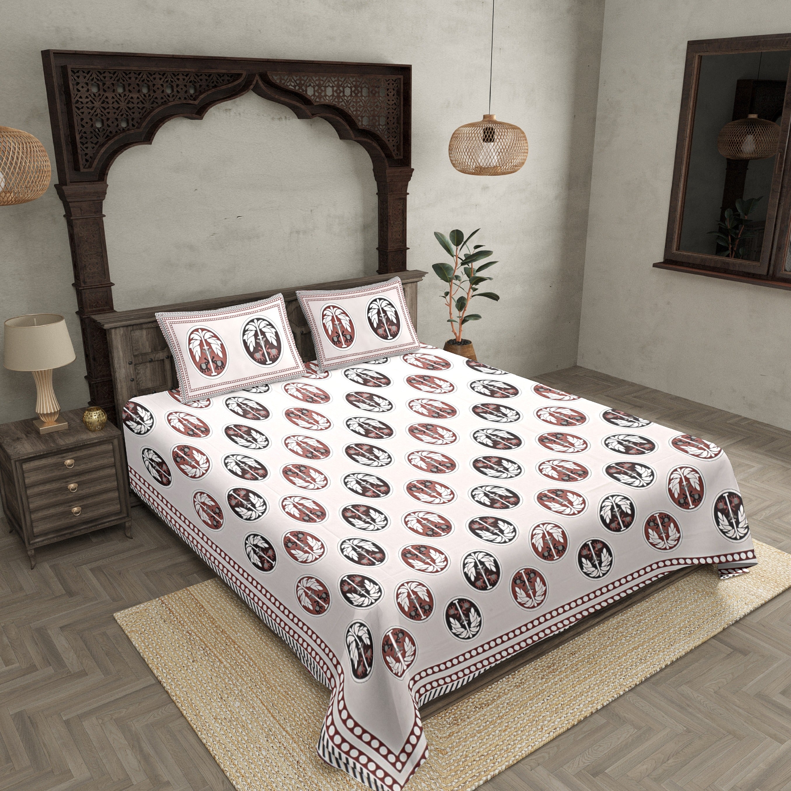 Double Bedsheet Grey Border Fine Cotton Dark Tree Print