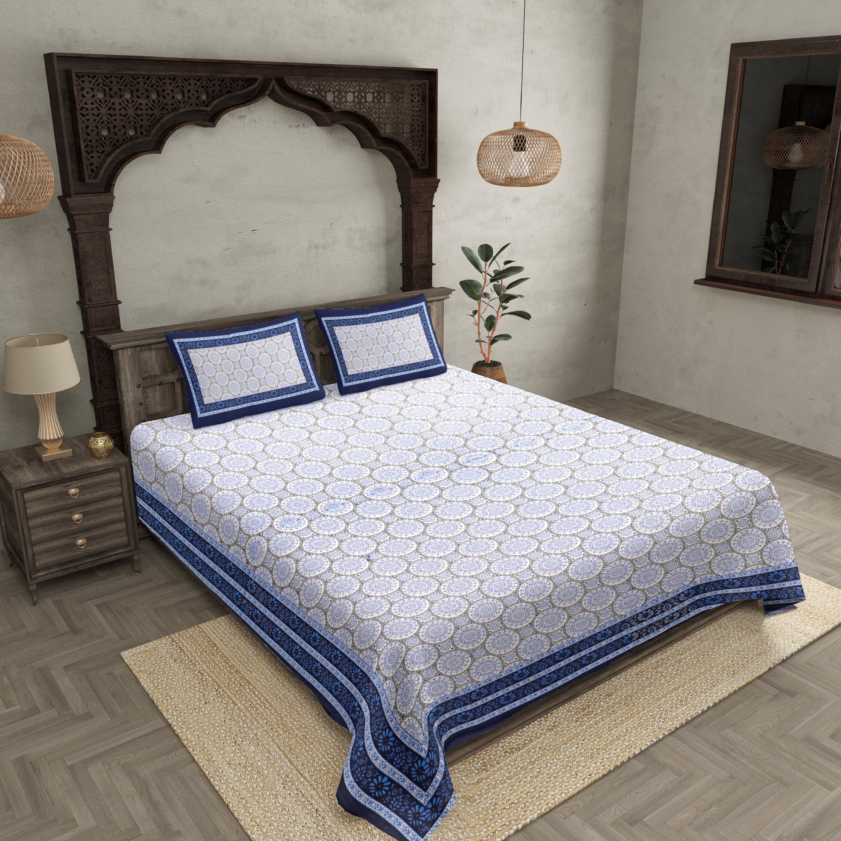 Double Bedsheet Navy Blue Border Small Rangoli Print With Two Pillow Cover