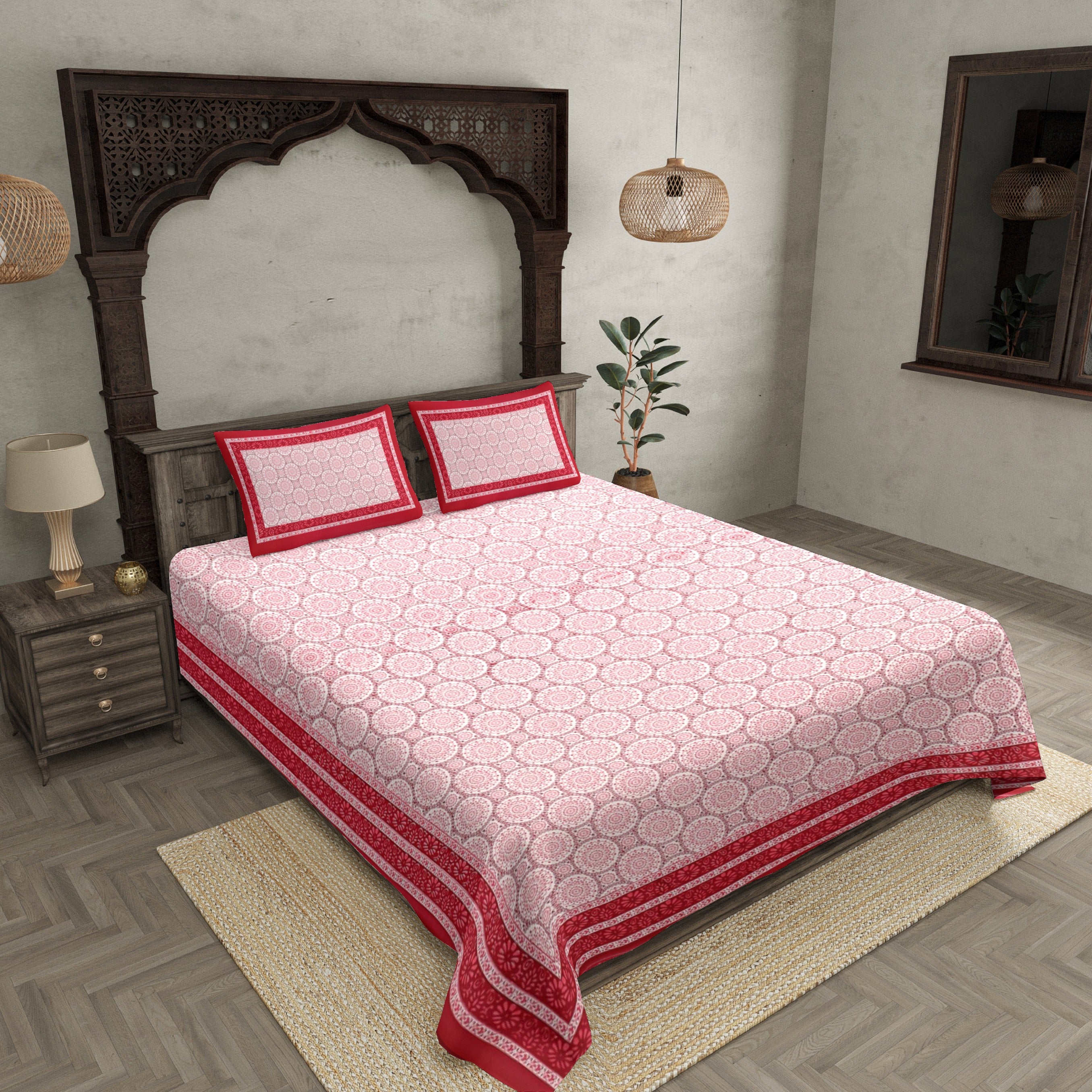 Double Bedsheet Maroon Border Rangoli Print With Two Pillow Cover