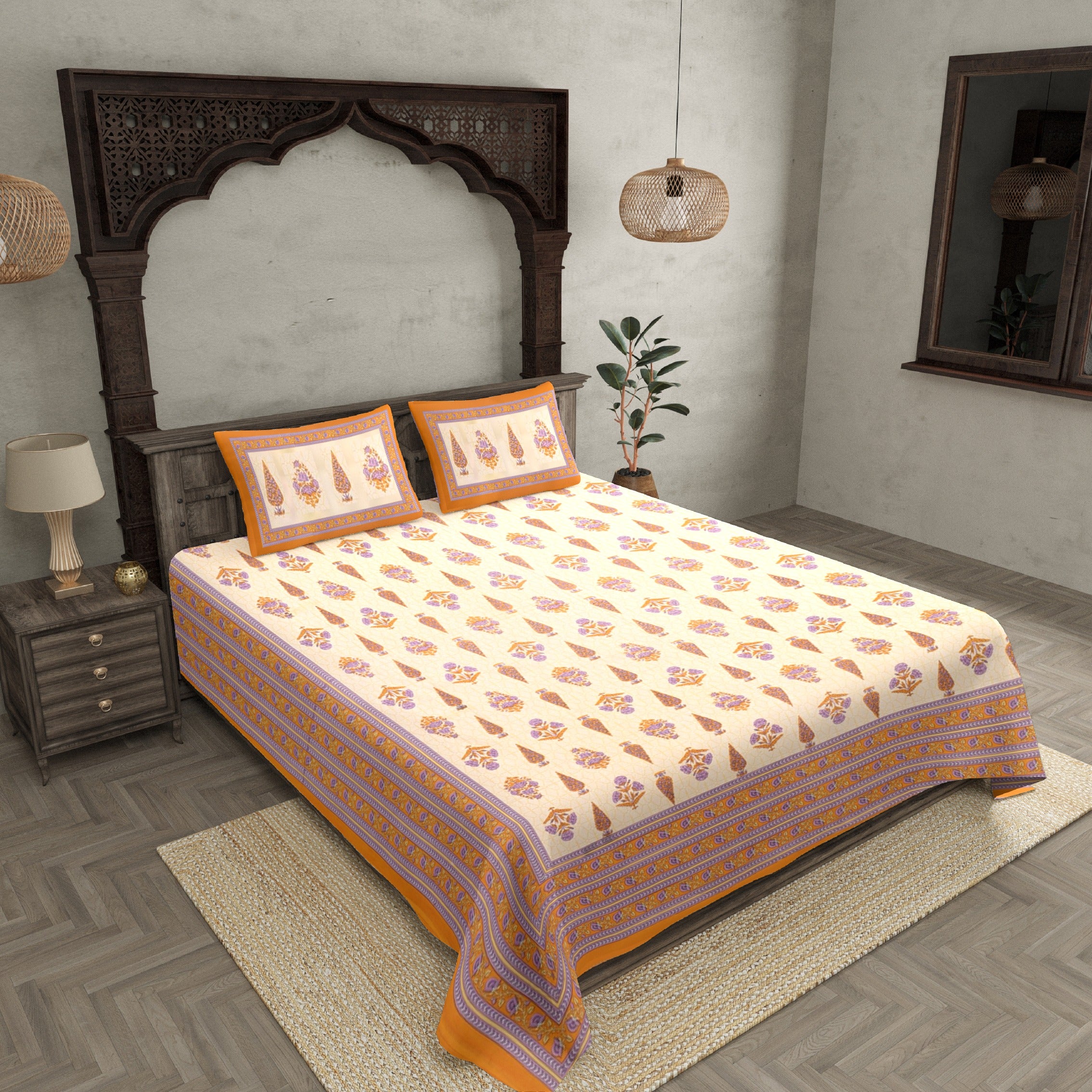 Double Bedsheet Pretty Orange Yellow Pine Tree Print