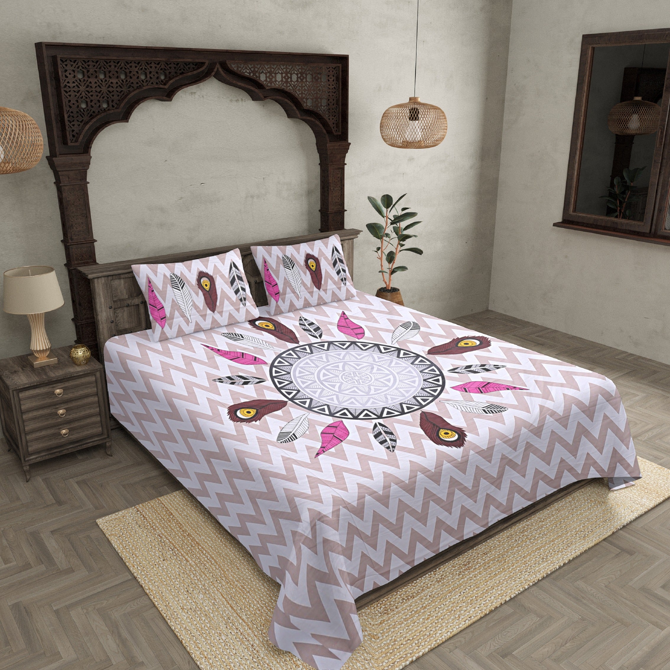 Modern Jungle Pink Cream 240 TC Double Bedsheet