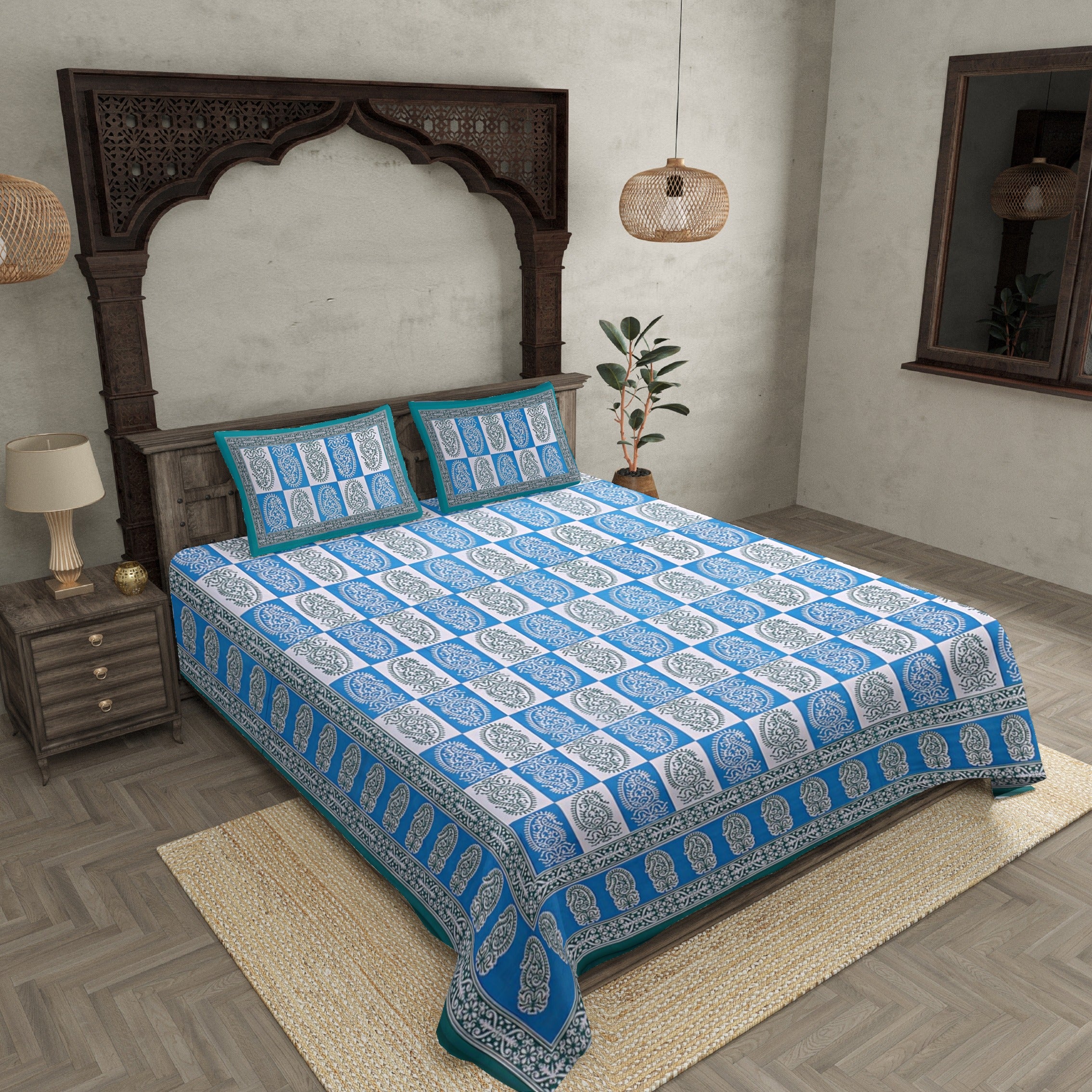 Double Bedsheet Sky Blue Fine Cotton Checkerd Design