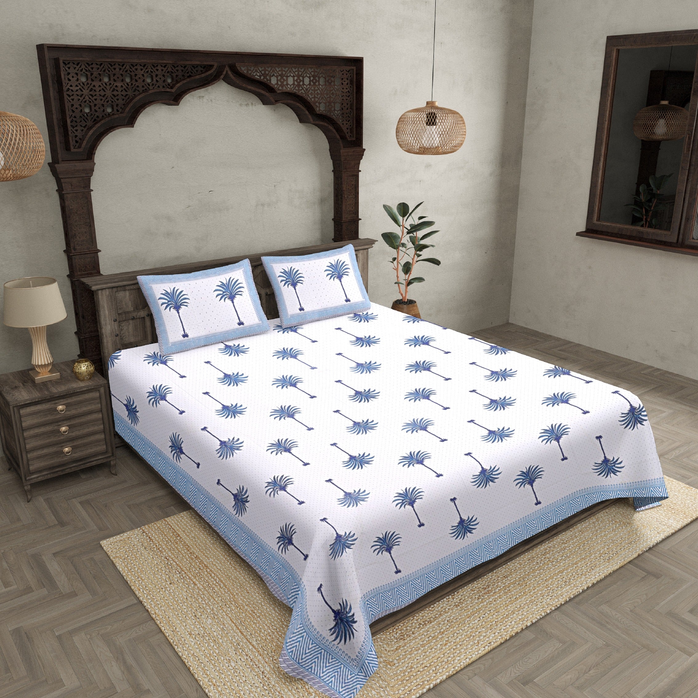 Double Bedsheet Fine Cotton Sky Blue Palm Polka