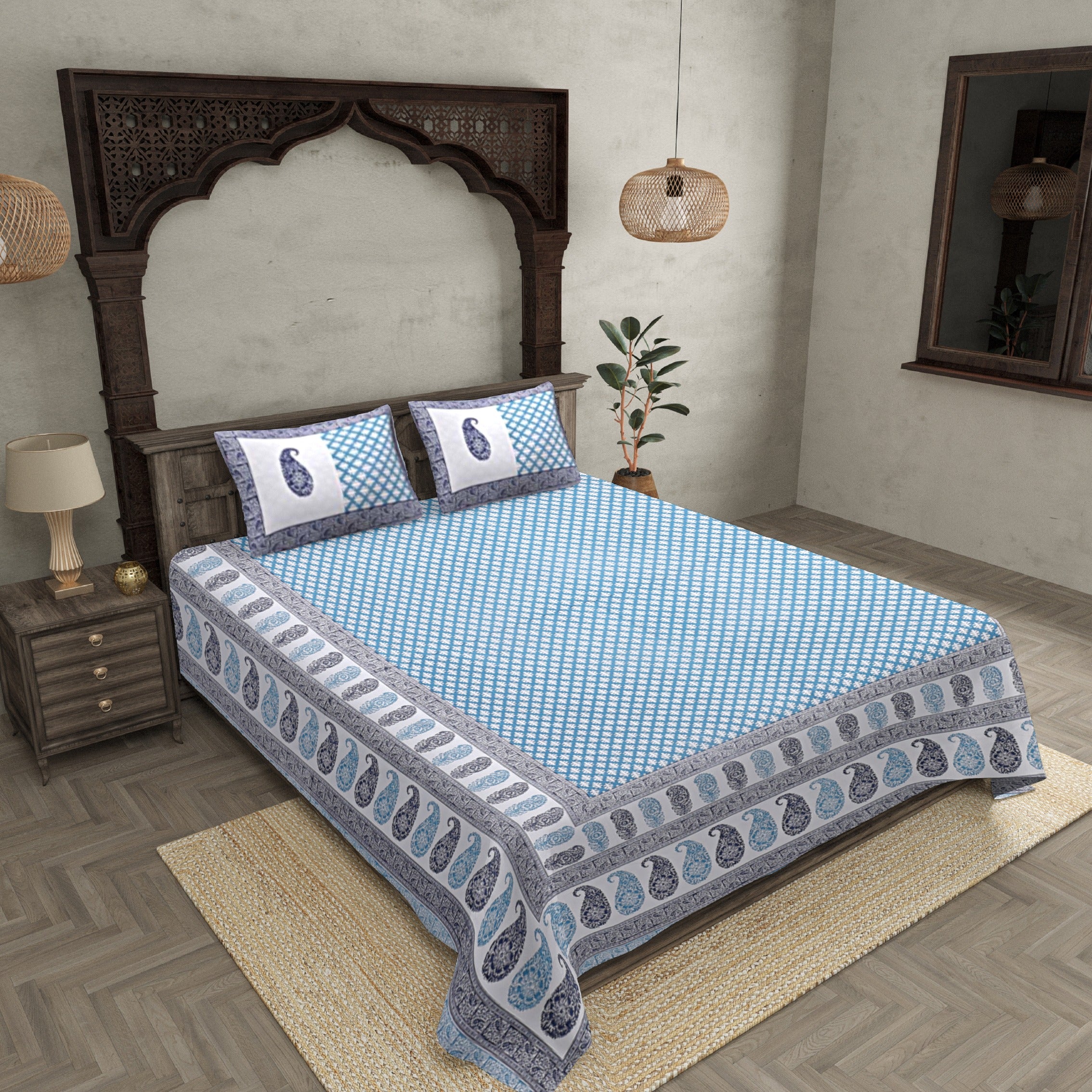 Double bedsheet Sky Blue Kerry Paisley Dabu Print
