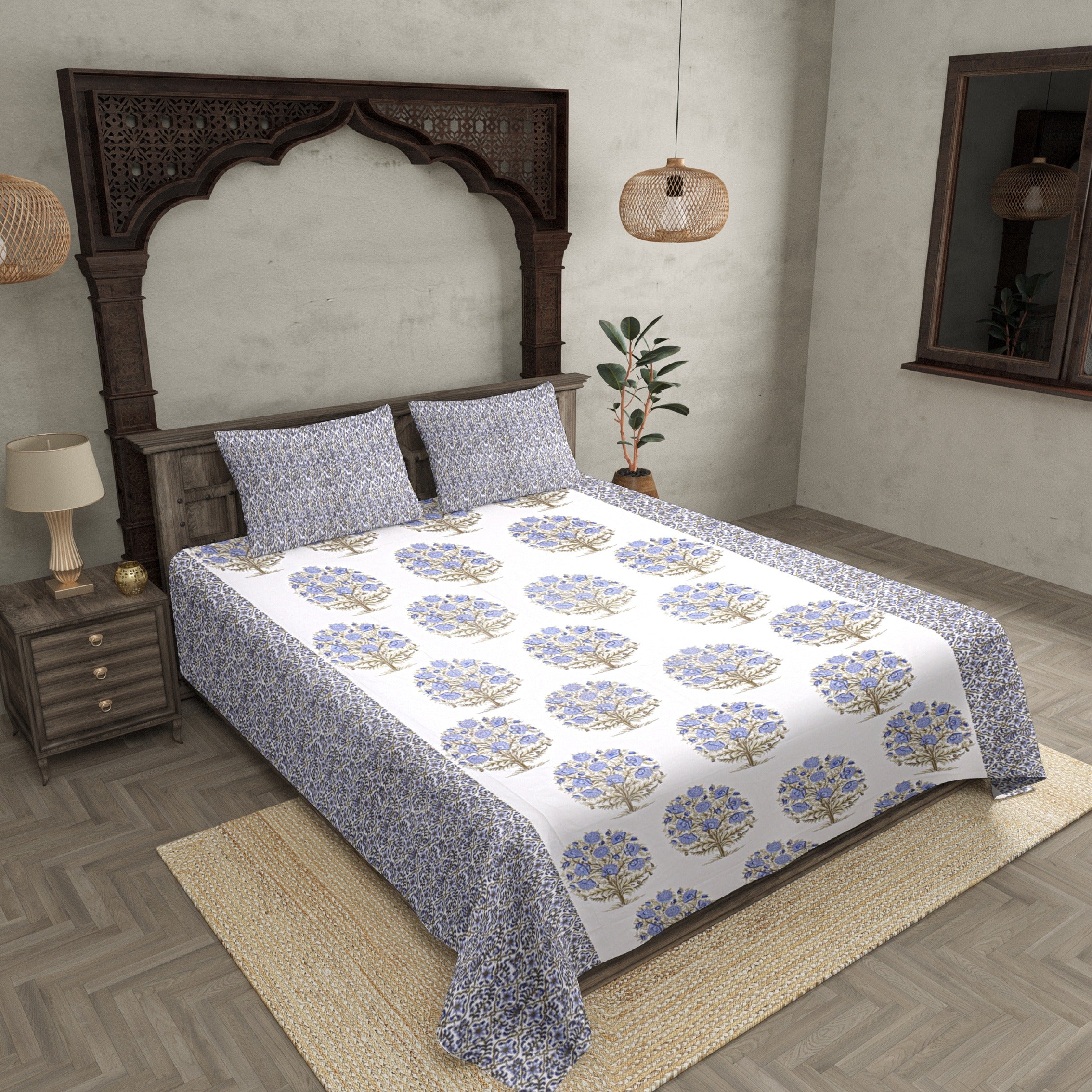 Double Bedsheet Gray Blue Floral Tree Print
