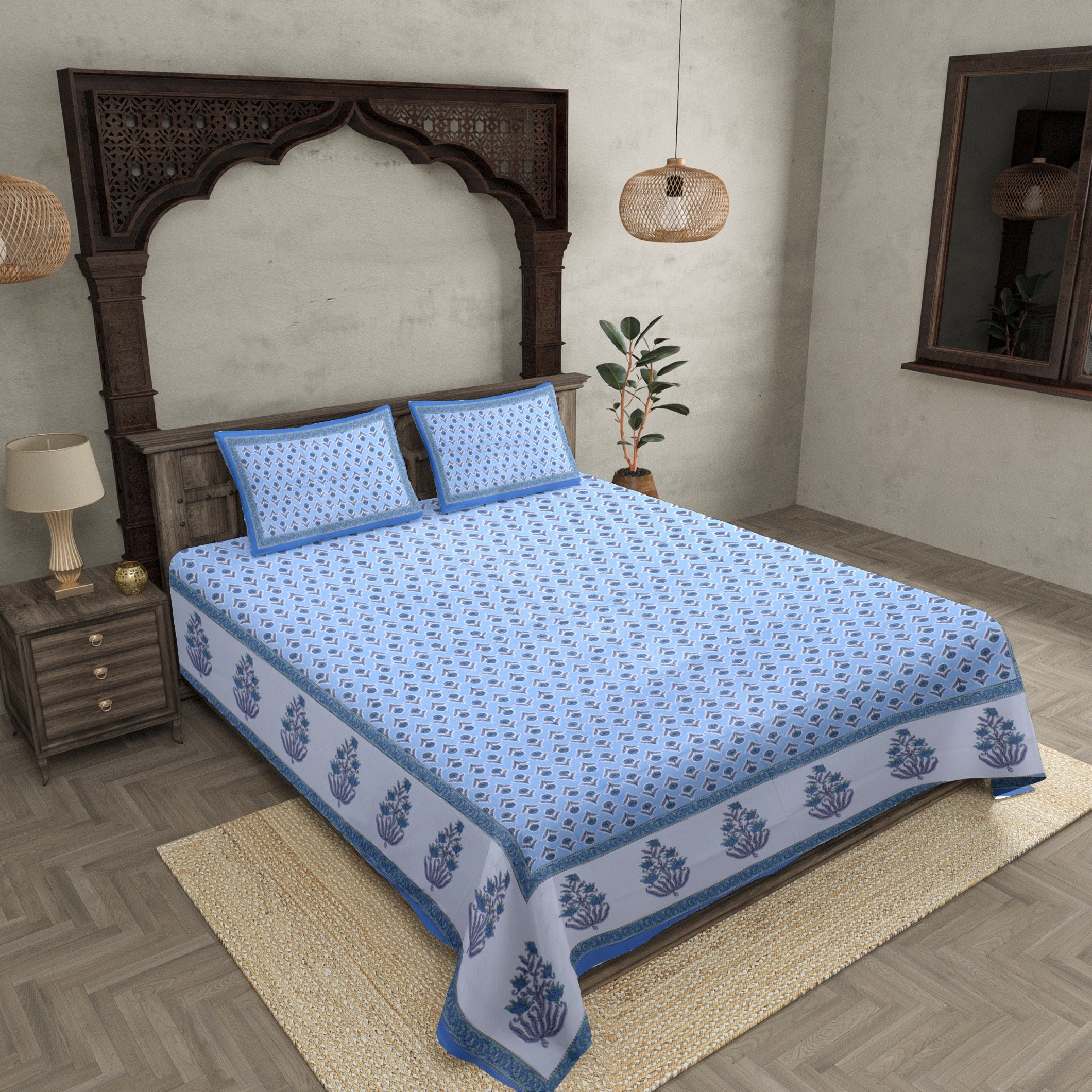 Pleasant Pedicel Blue Double Bedsheet